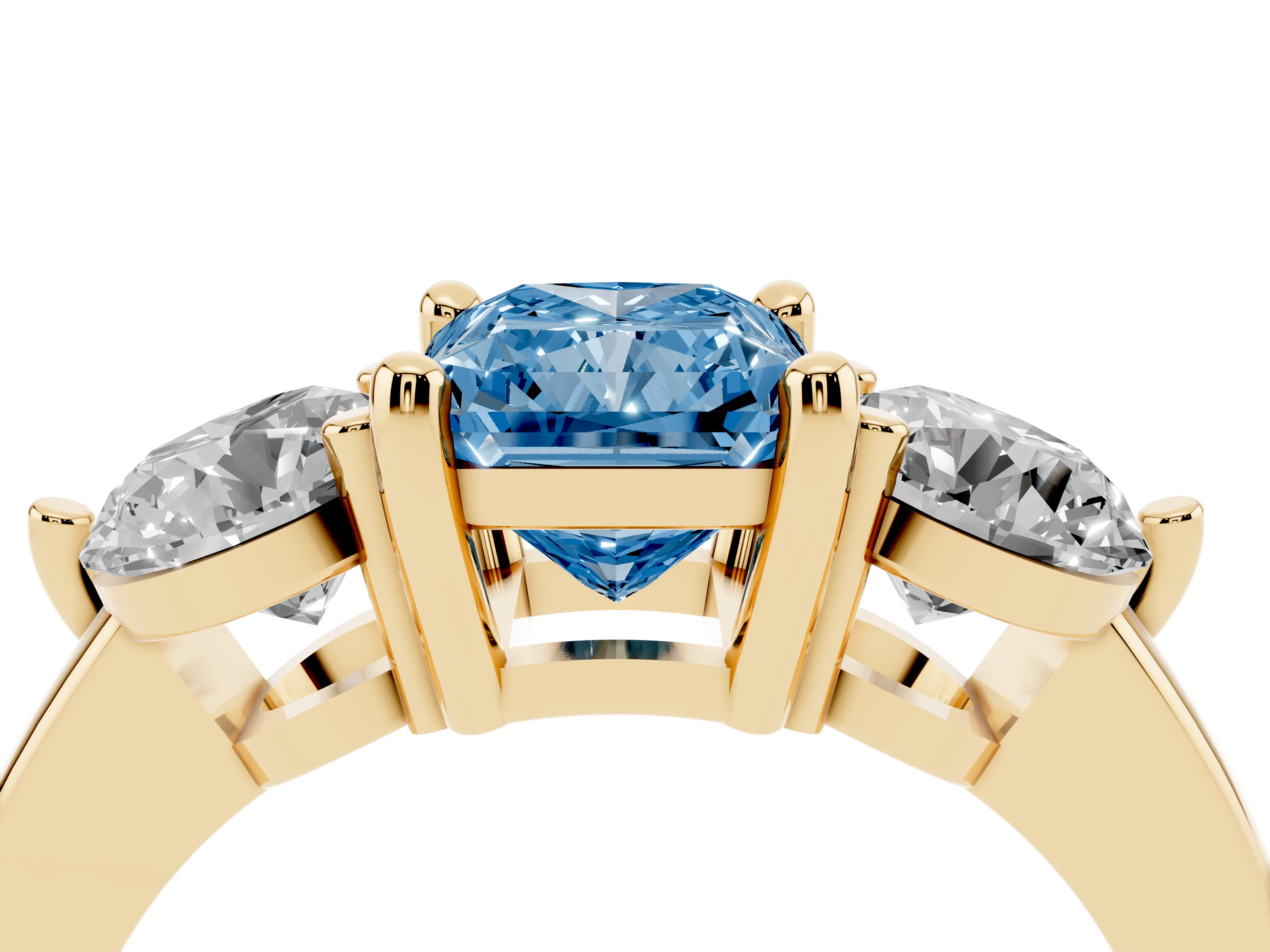 Fancy Blue Radiant Cut Diamond Three-Stone Ring Set in Yellow gold with Prong Setting and Classic Band