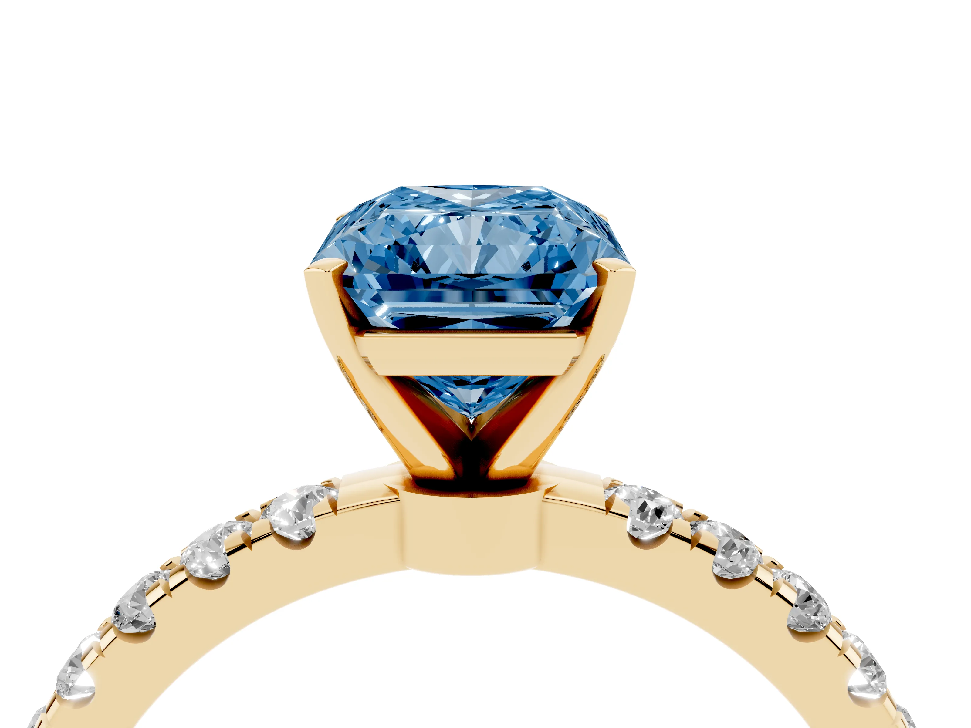 Fancy Blue Radiant Cut Diamond Solitaire Ring Set in Yellow gold with Pavé Accents and Prong Setting