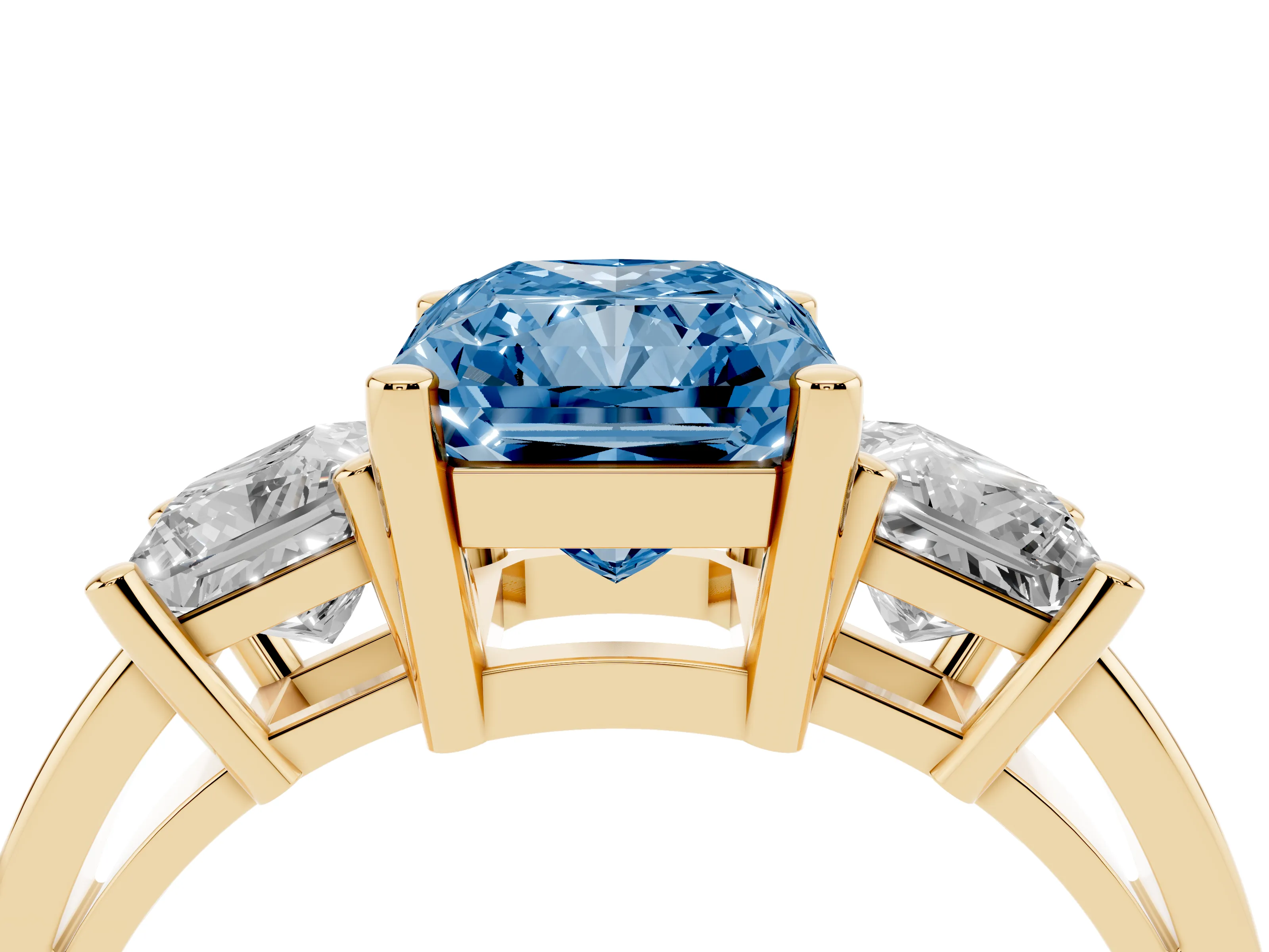 Fancy Blue Three-Stone Radiant Cut Diamond Solitaire Ring Set in Yellow gold with Prong Setting