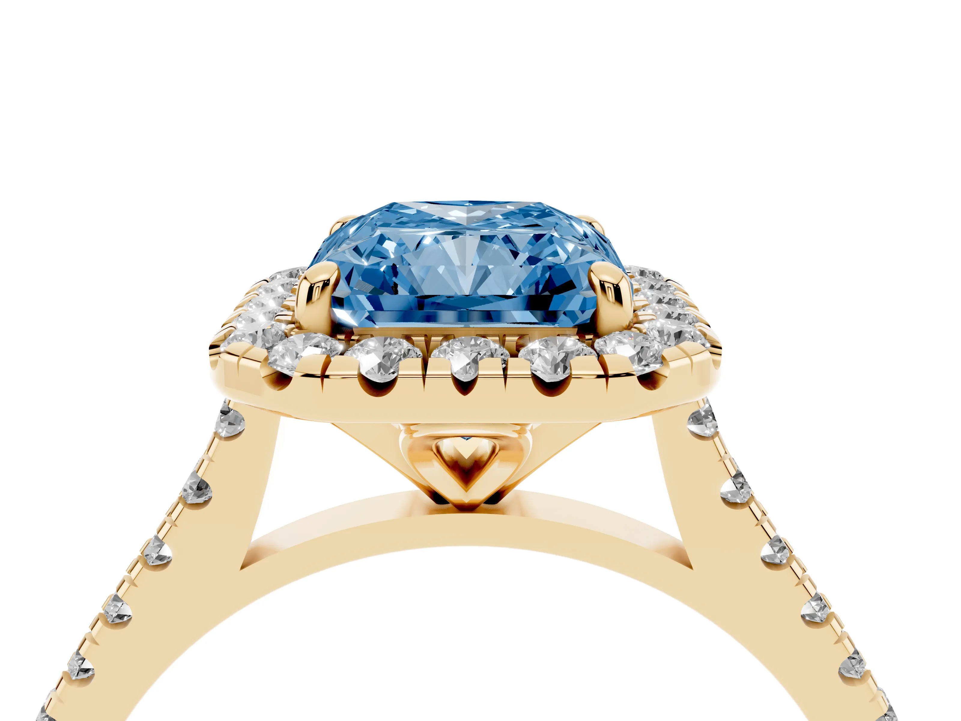 Fancy Blue Radiant Cut Diamond Cushion Halo Ring Set in Yellow gold with Pavé Band