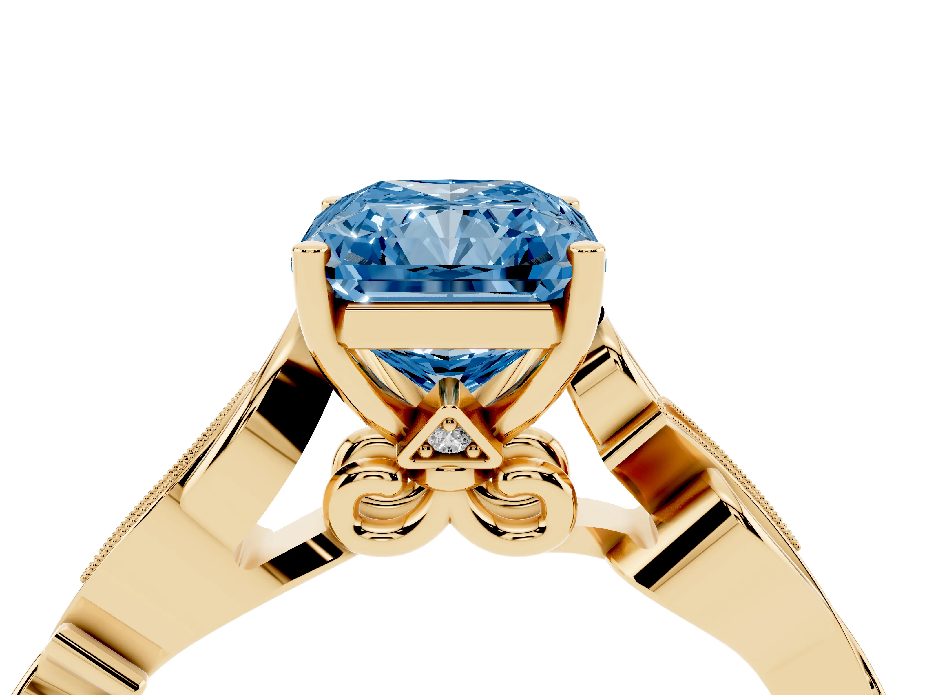 Fancy Blue Radiant Cut Diamond Vine Band Solitaire Ring Set in Yellow gold with Milgrain Prong Setting