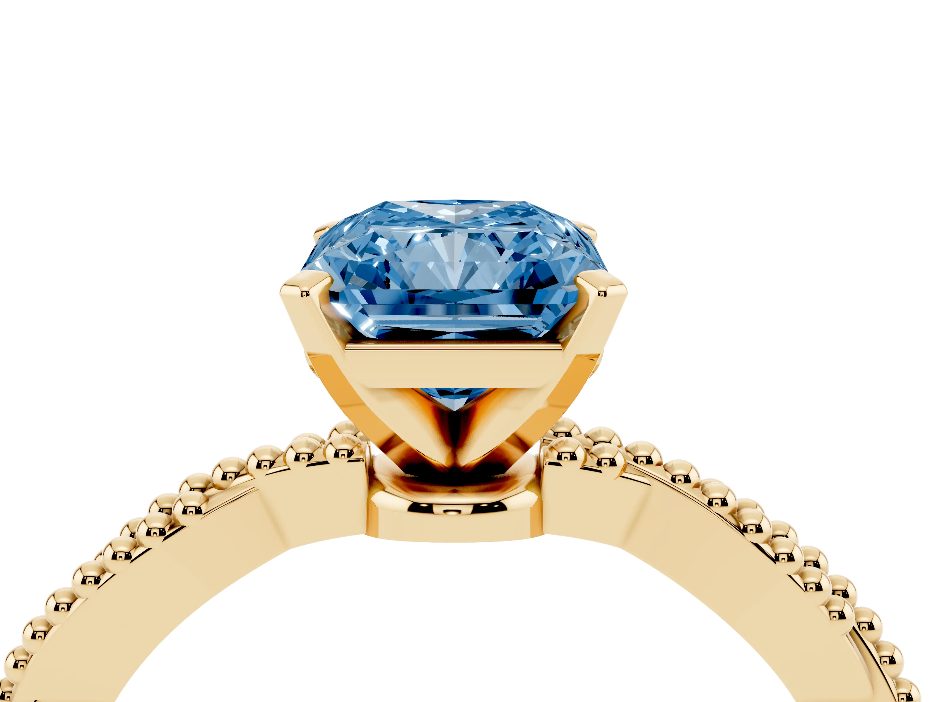Fancy Blue Radiant Cut Diamond Solitaire Ring Set in Yellow gold with Twisted Band and Bead Prong Setting