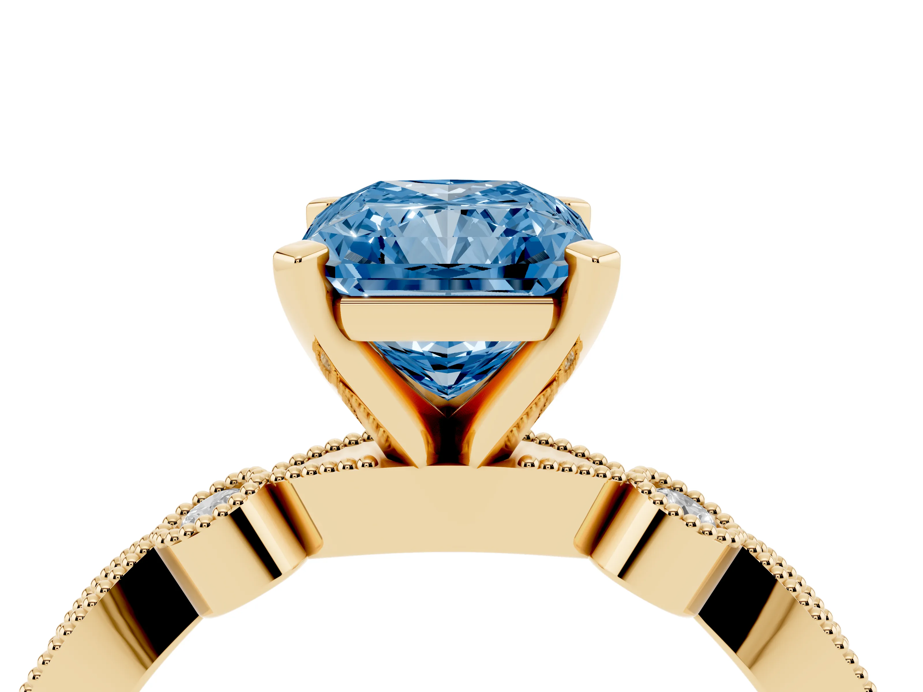 Fancy Blue Radiant Cut Diamond Solitaire Engagement Ring Set in Yellow gold with Milgrain Bezel Accent Band
