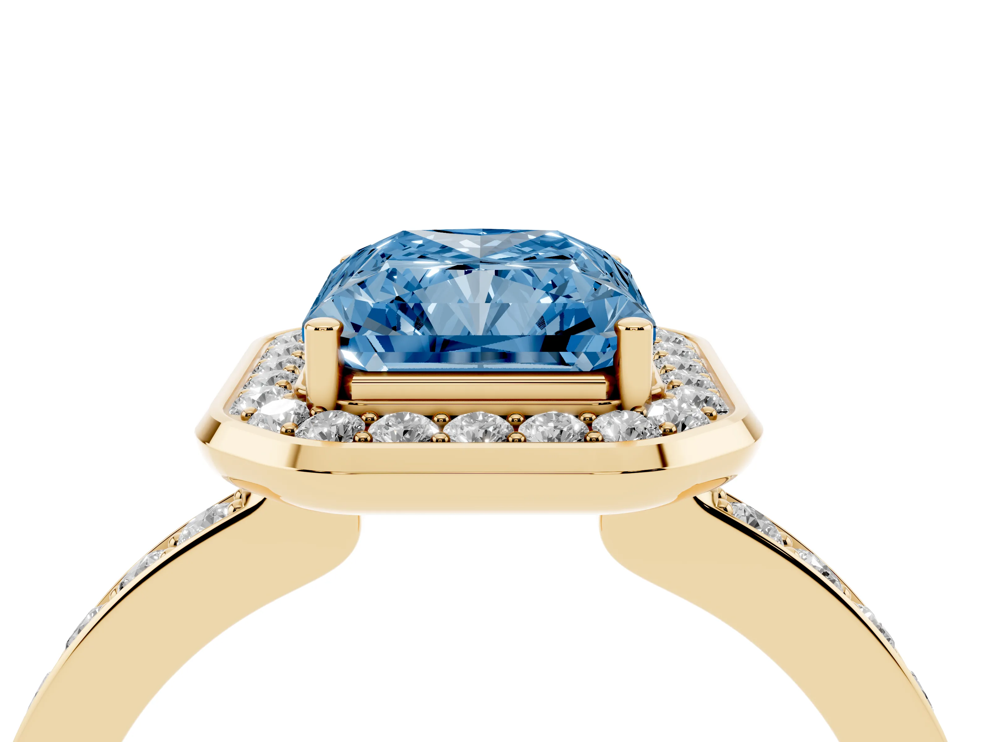 Fancy Blue Radiant Cut Diamond Halo Ring Set in Yellow gold with Bezel Frame and Pavé Band