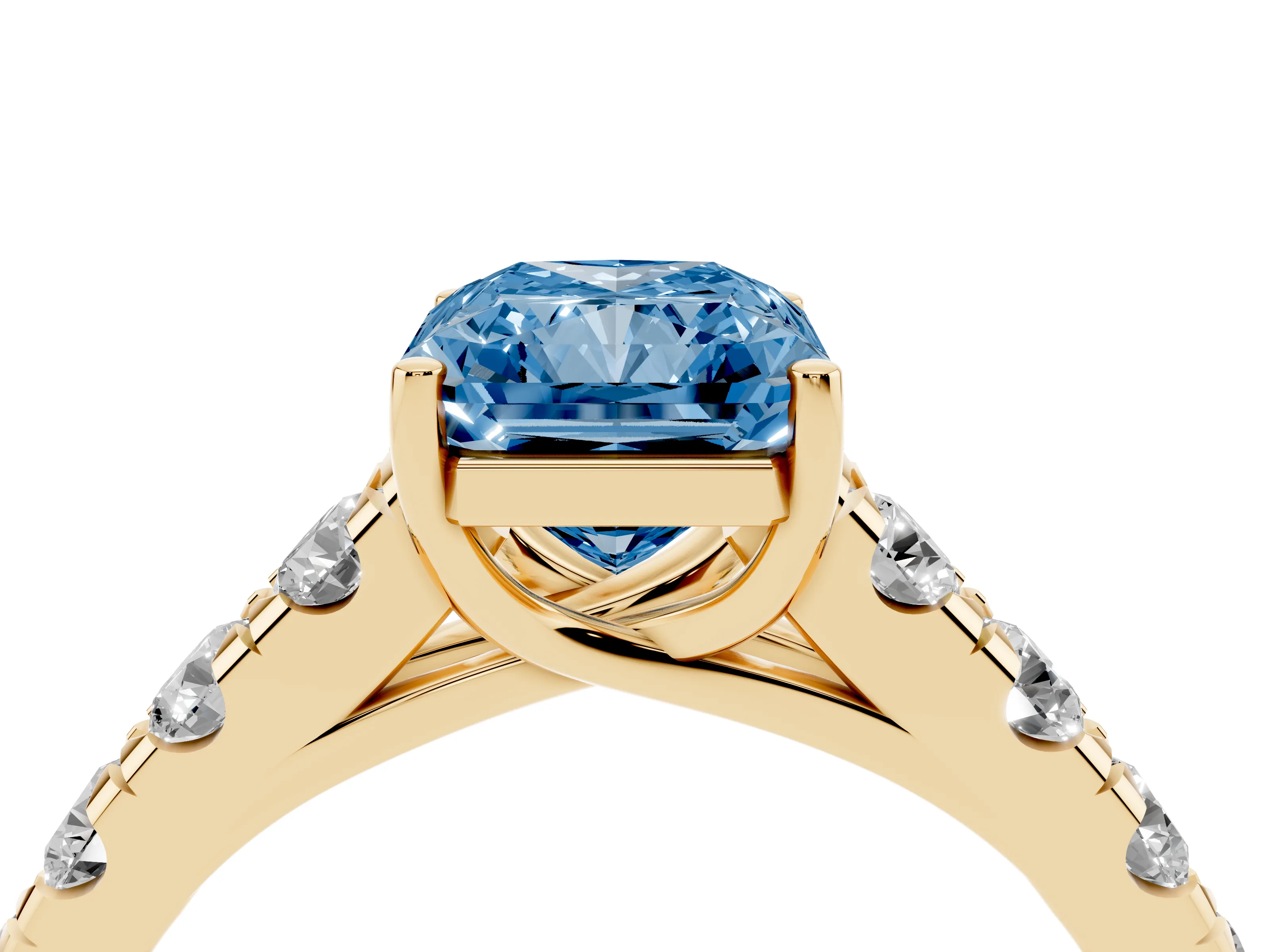 Fancy Blue Radiant Cut Diamond Solitaire Ring Set in Yellow gold with Cut-Down Micro Pavé Band and Prong Setting