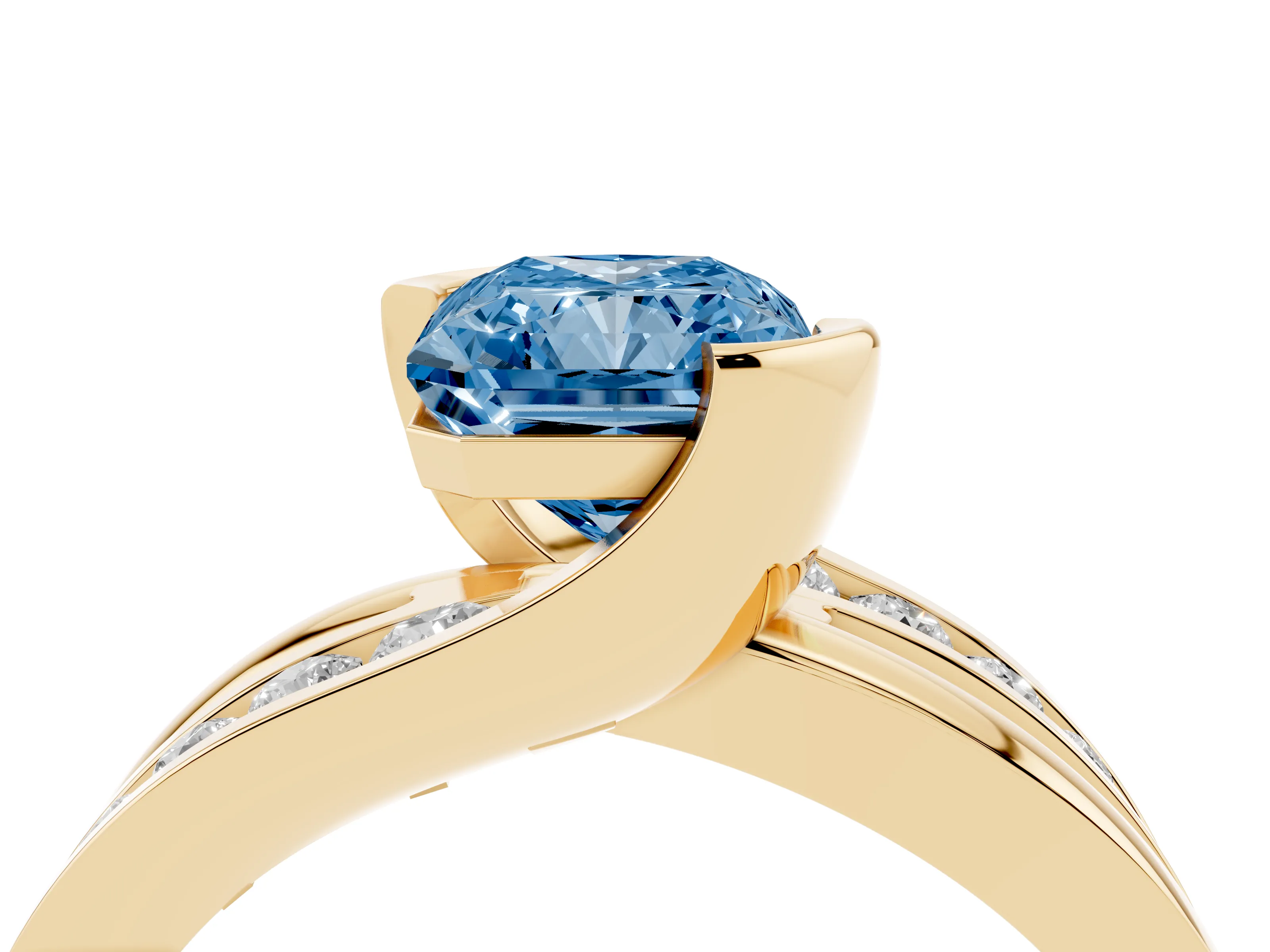 Fancy Blue Radiant Cut Diamond Solitaire Ring Set in Yellow gold with Channel Set Split Shank and Tension Prongs