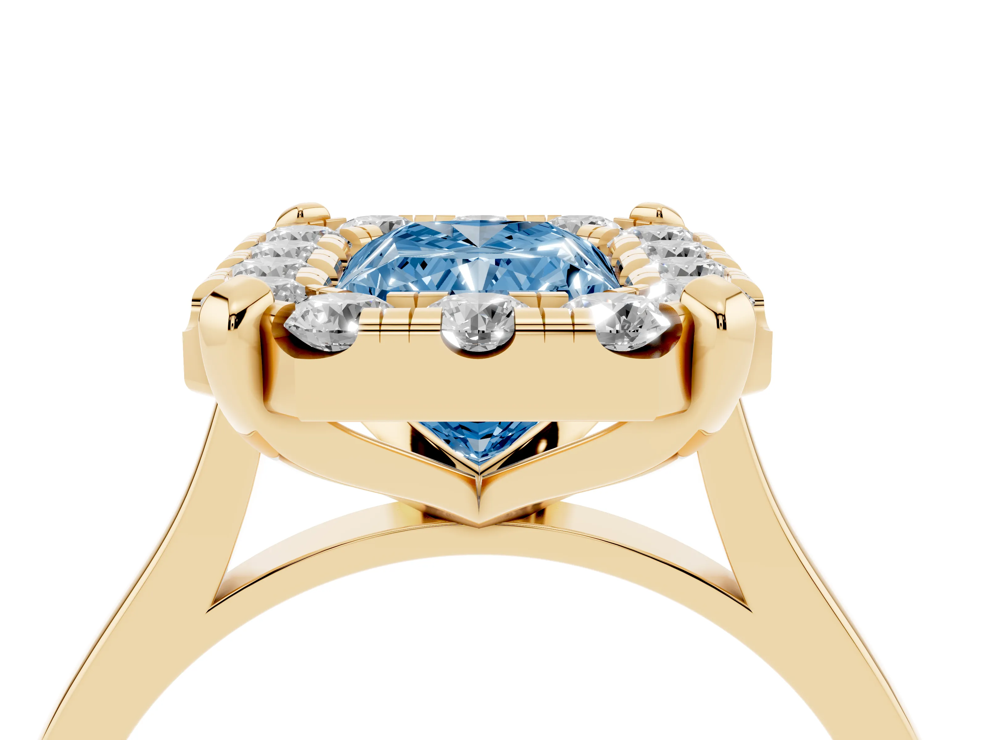 Fancy Blue Radiant Cut Diamond Cluster Halo Solitaire Ring Set in Yellow gold with Prong Setting