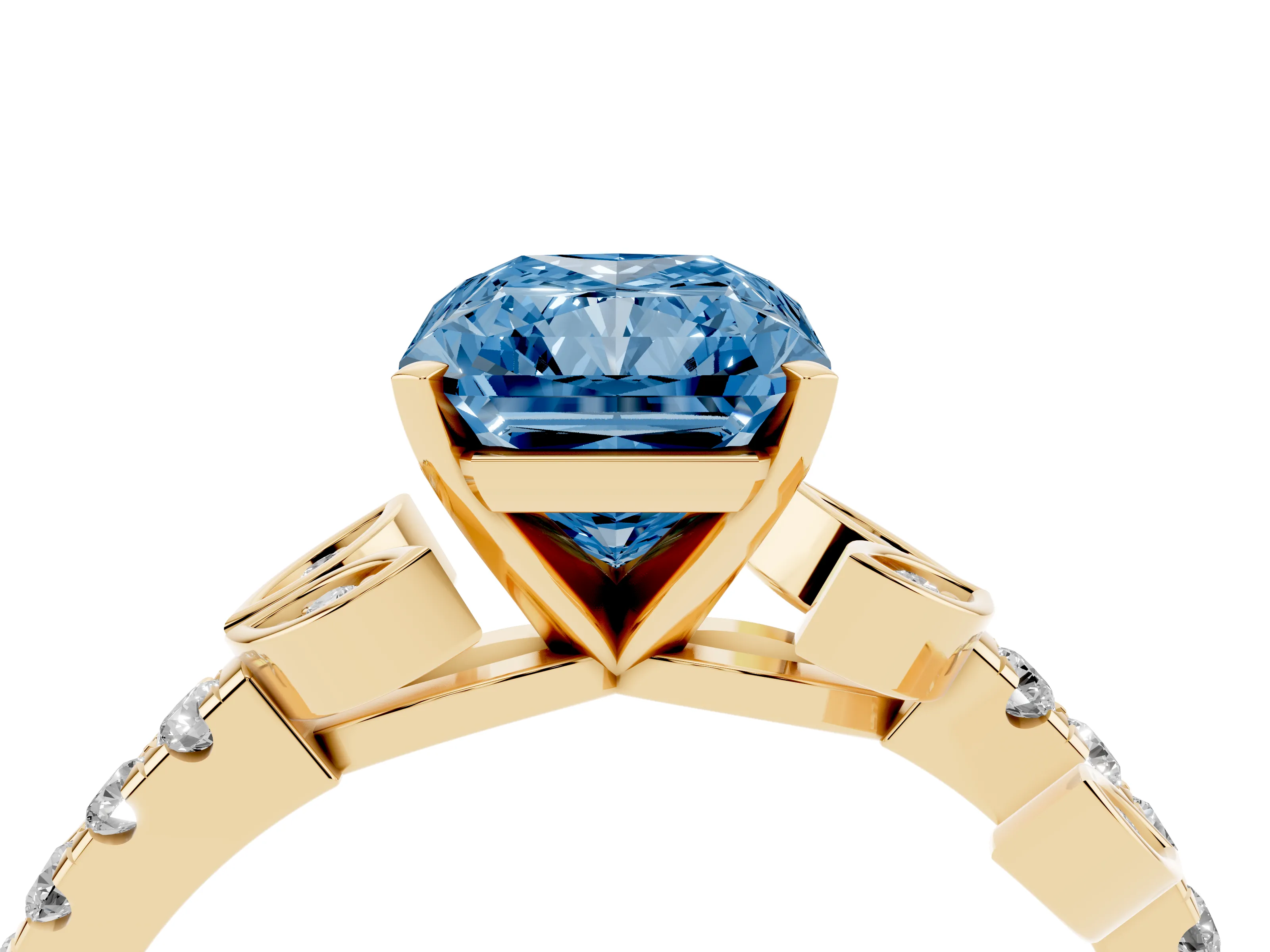Fancy Blue Radiant Cut Diamond Solitaire Leaf-Inspired Ring Set in Yellow gold with Pavé Band and Prong Setting