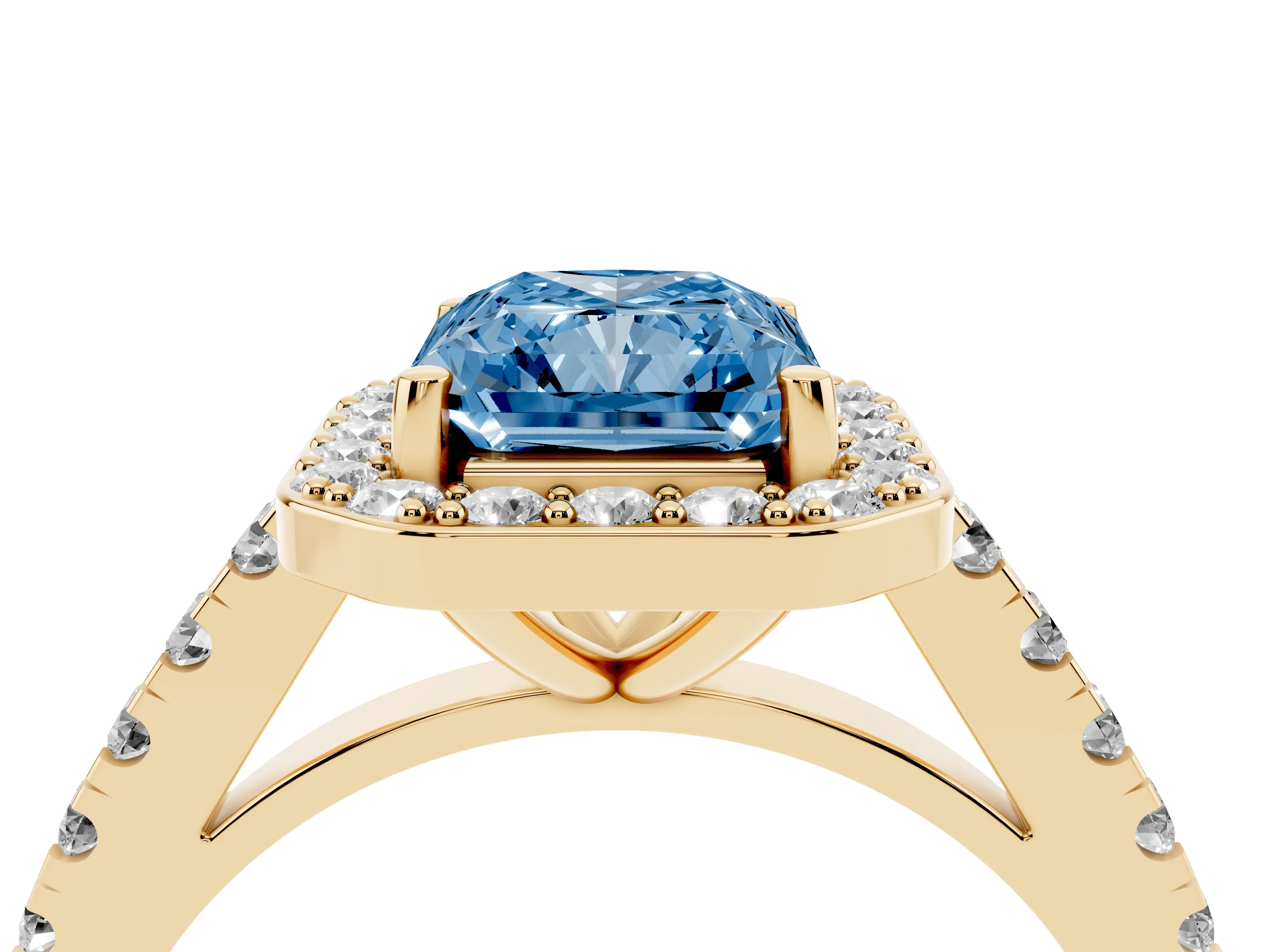 Fancy Blue Radiant Cut Diamond Halo Ring Set in Yellow gold with Round Pavé Split Shank and Prong Setting