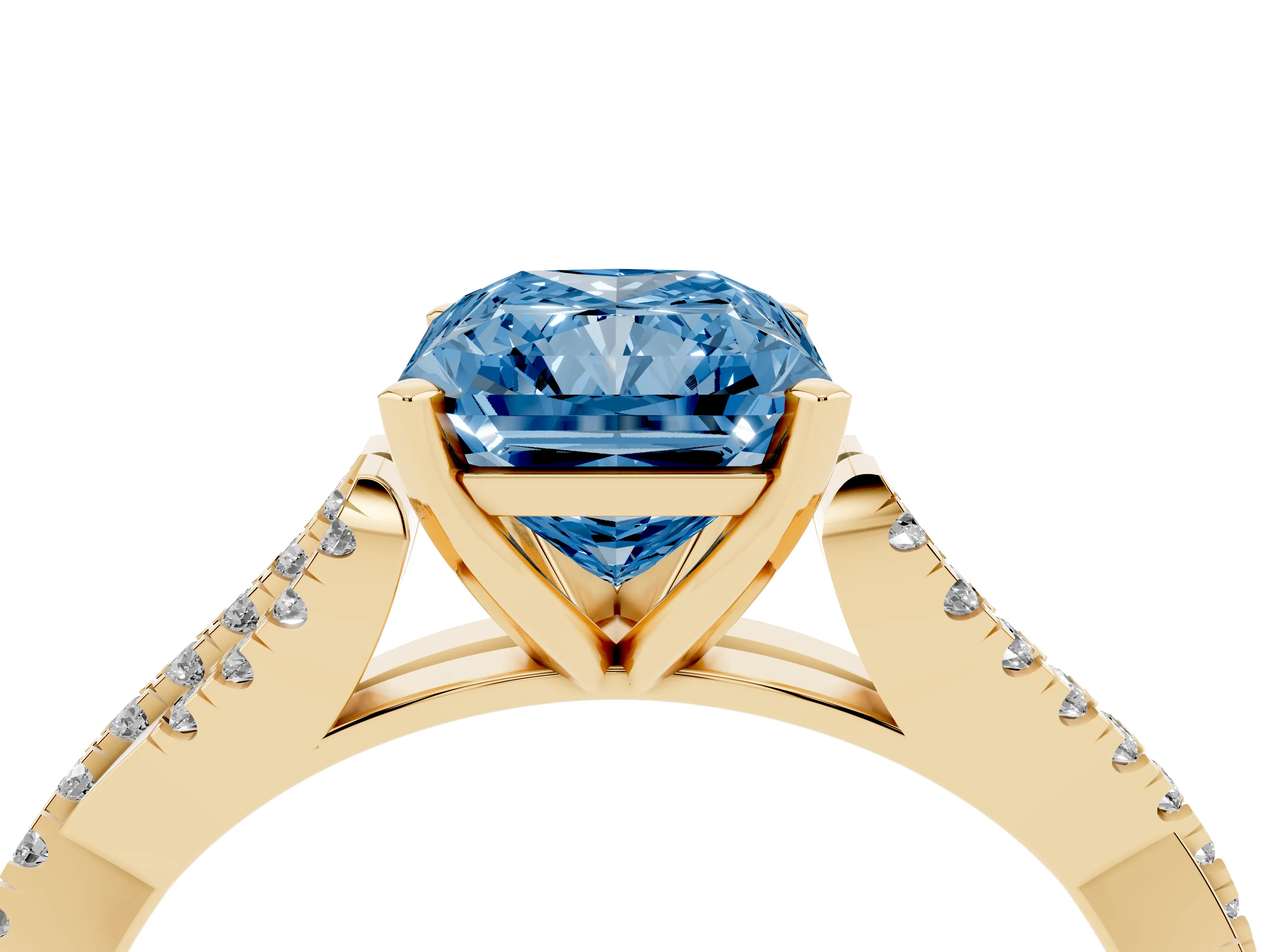 Fancy Blue Radiant Cut Diamond Solitaire Engagement Ring Set in Yellow gold with Twisted Pavé Band and Prong Setting