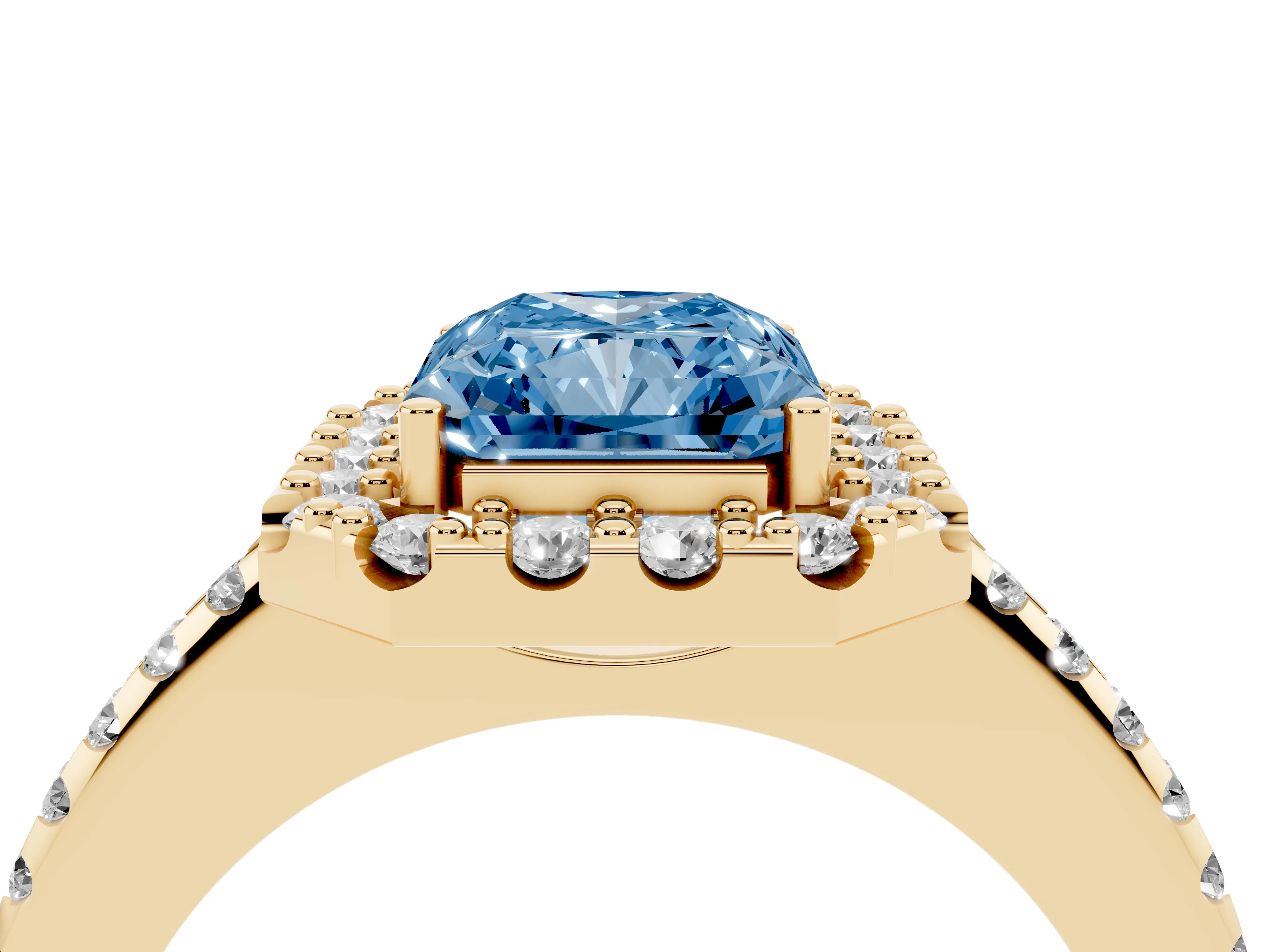 Fancy Blue Radiant Cut Diamond Pavé Halo Ring Set in Yellow gold with Prong Setting