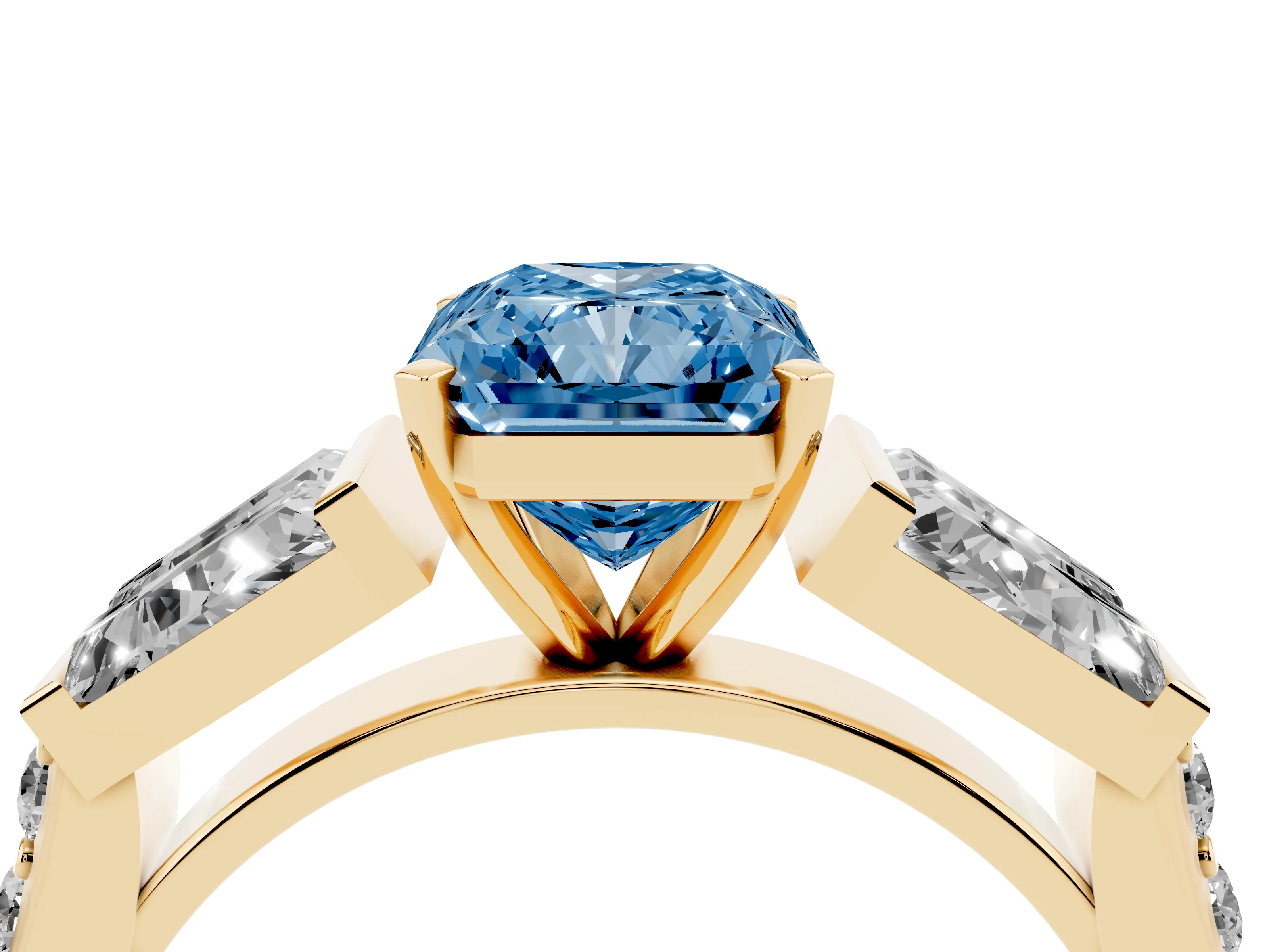 Fancy Blue Radiant Cut Diamond Engagement Ring Set in Yellow gold with Baguette Side Stones and Channel Set Band