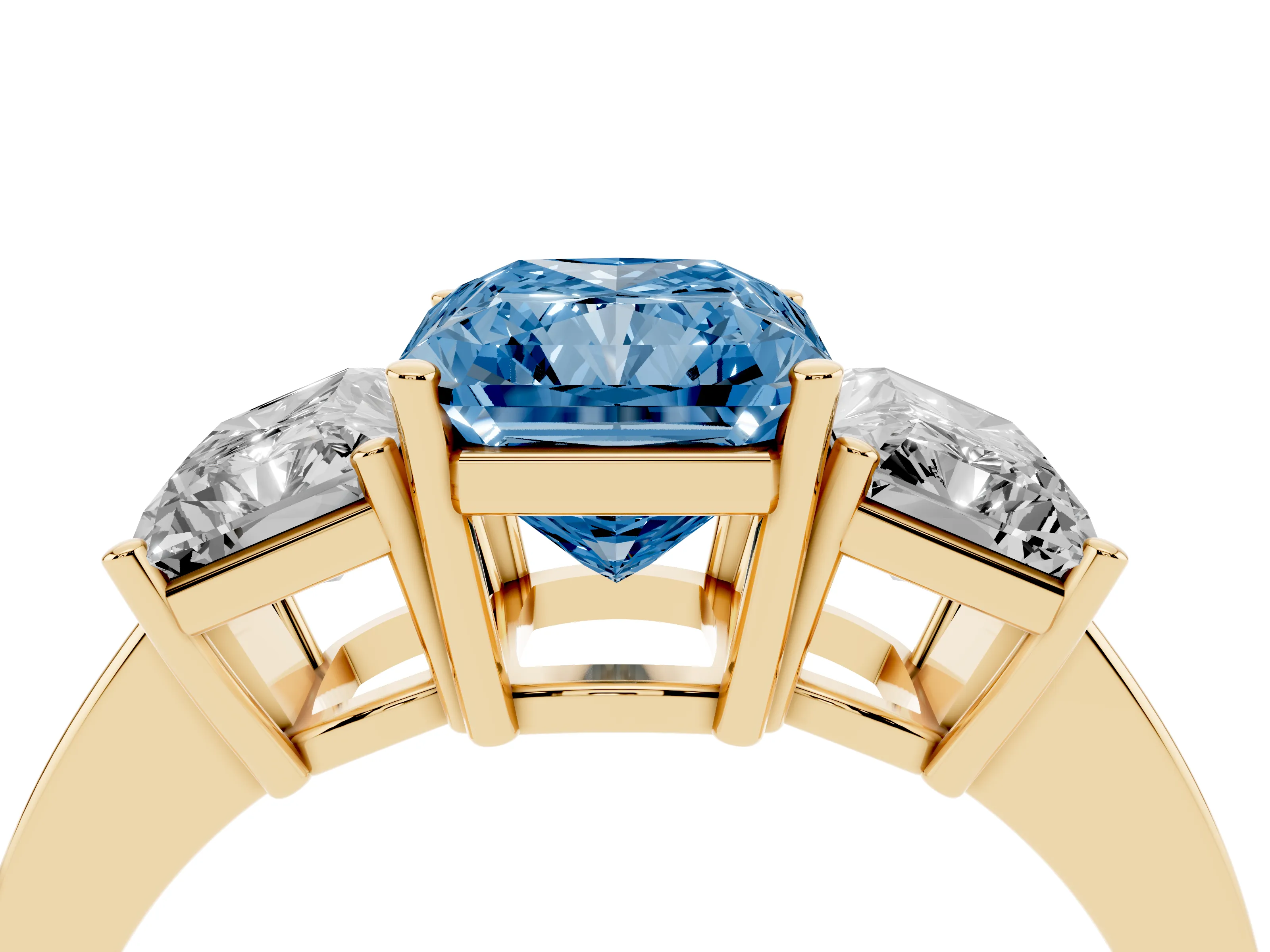 Fancy Blue Radiant Cut Diamond Three-Stone Engagement Ring Set in Yellow gold with Flat Band
