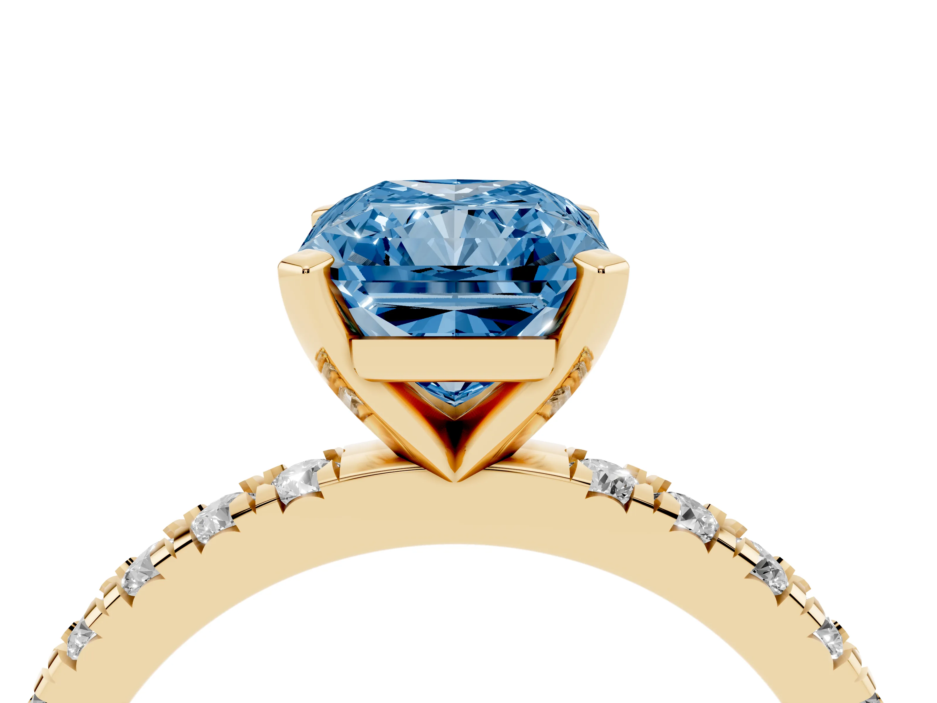 Fancy Blue Radiant Cut Diamond Pavé Band Solitaire Set in Yellow gold with Prong Setting