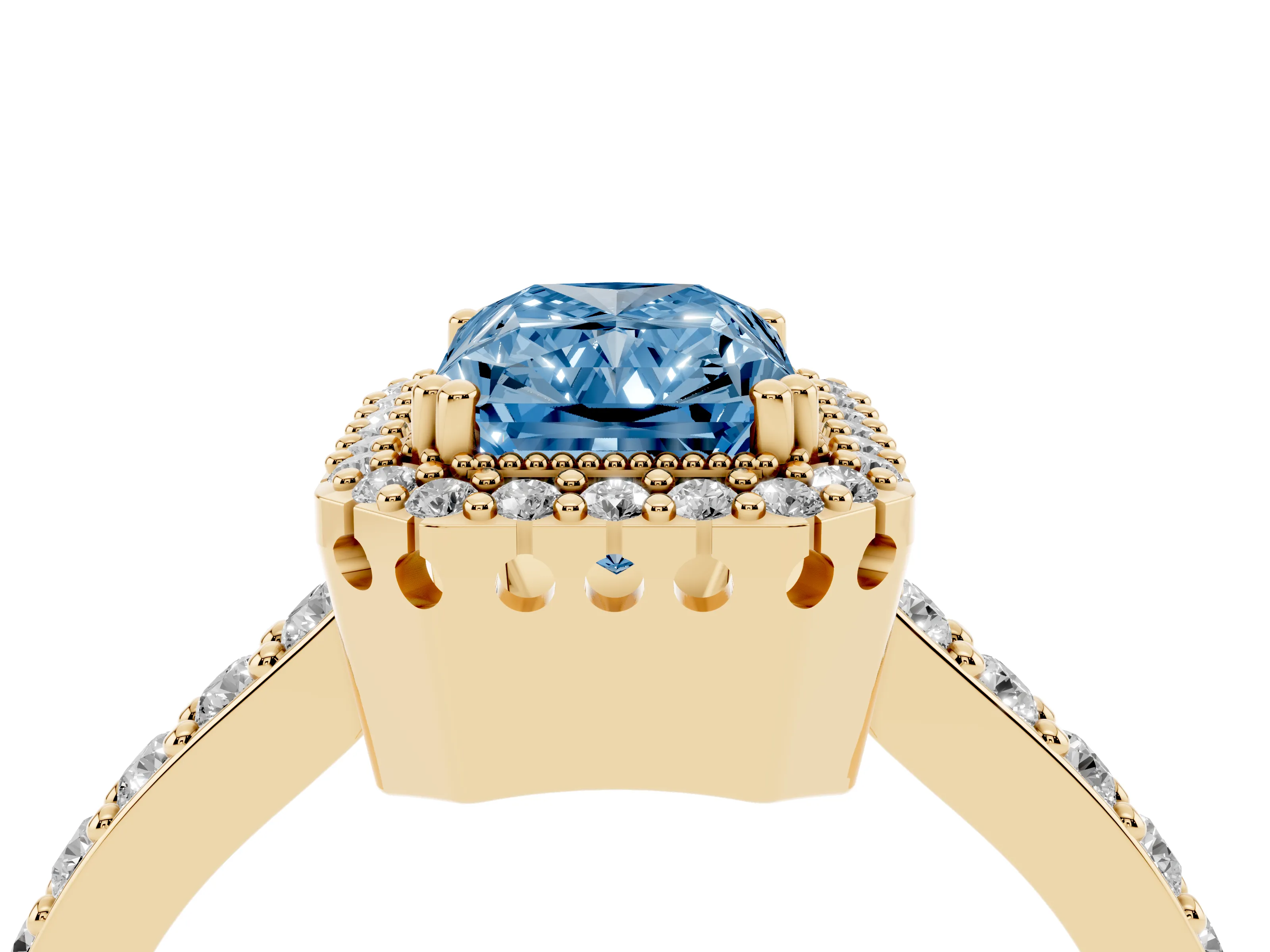 Fancy Blue Radiant Cut Diamond Halo Engagement Ring Set in Yellow gold with Milgrain Detail and Pavé Band