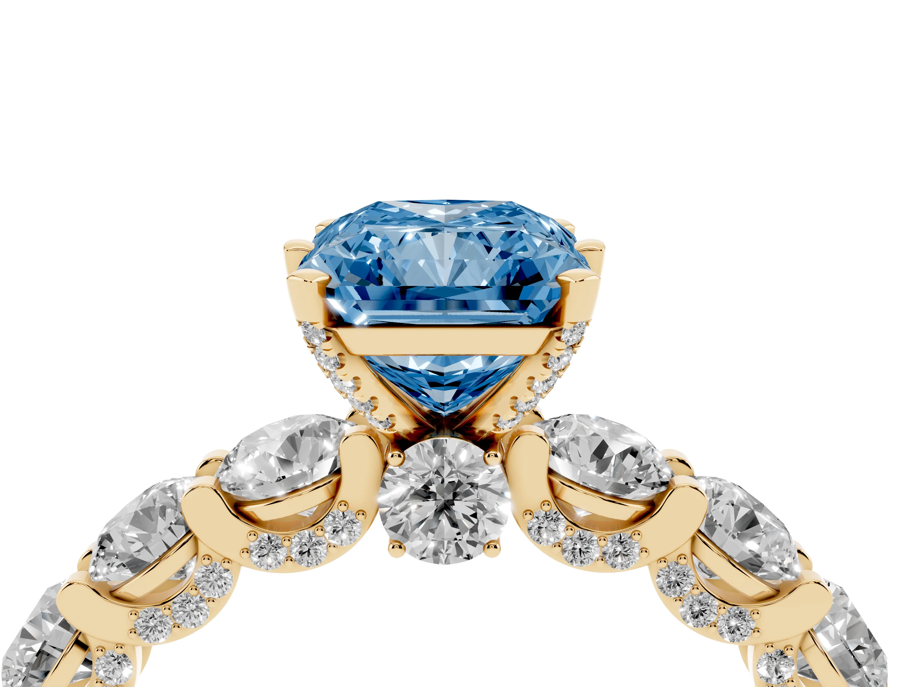 Fancy Blue Radiant Cut Diamond Side Stone Ring Set in Yellow gold with Alternating Round and Oval Side Stones