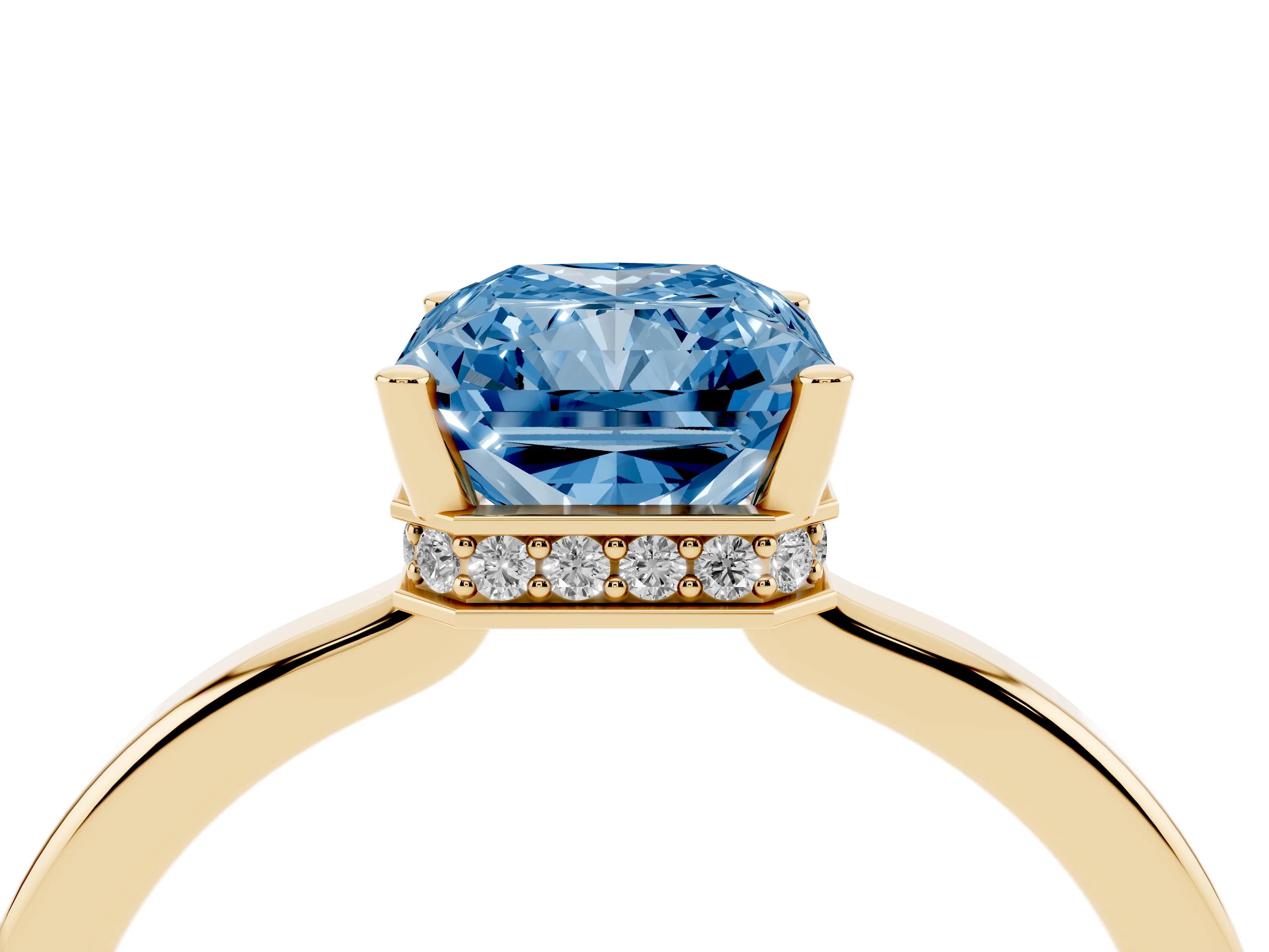 Fancy Blue Radiant Cut Diamond Solitaire Engagement Ring Set in Yellow gold with Prong Setting on a Plain Band