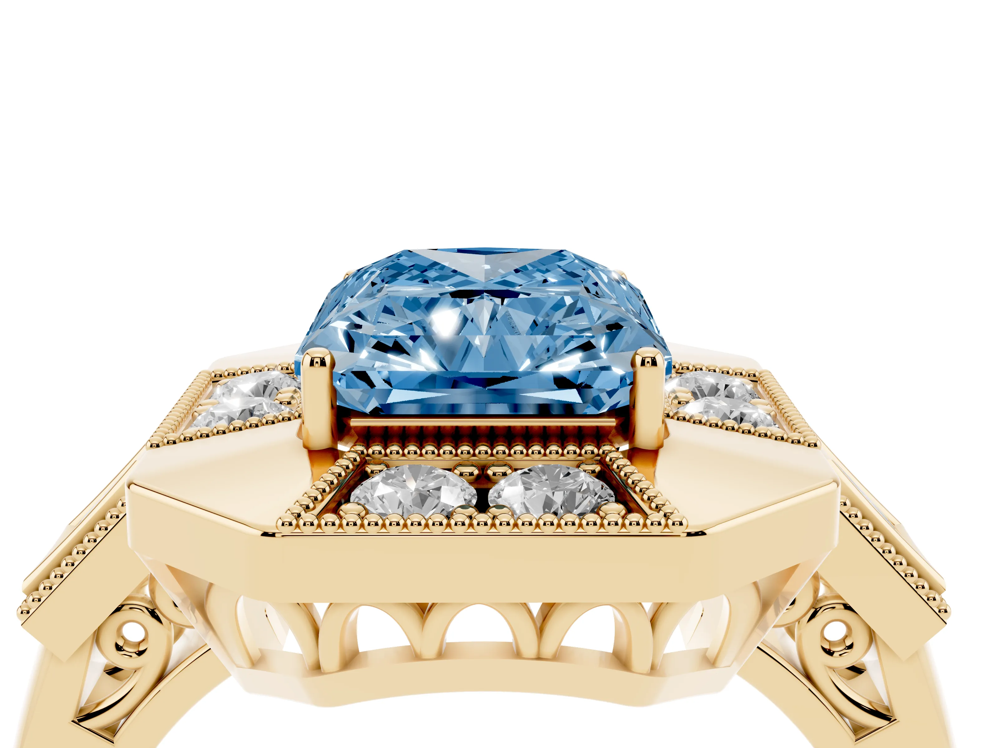 Fancy Blue Radiant Cut Diamond Milgrain Halo Ring Set in Yellow gold with Split Shank