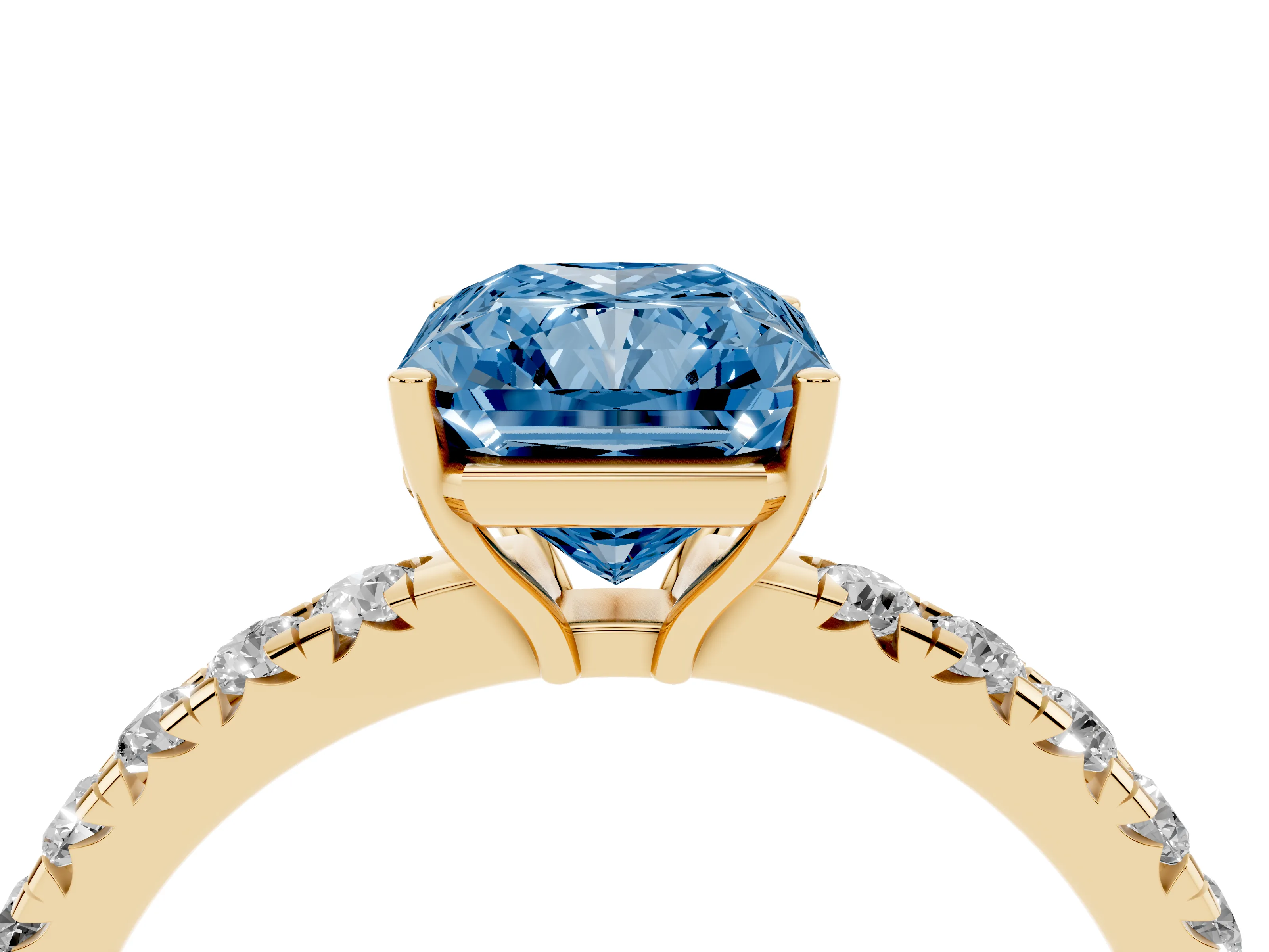 Fancy Blue Radiant Cut Diamond Pavé Solitaire Engagement Ring Set in Yellow gold with Prong Setting