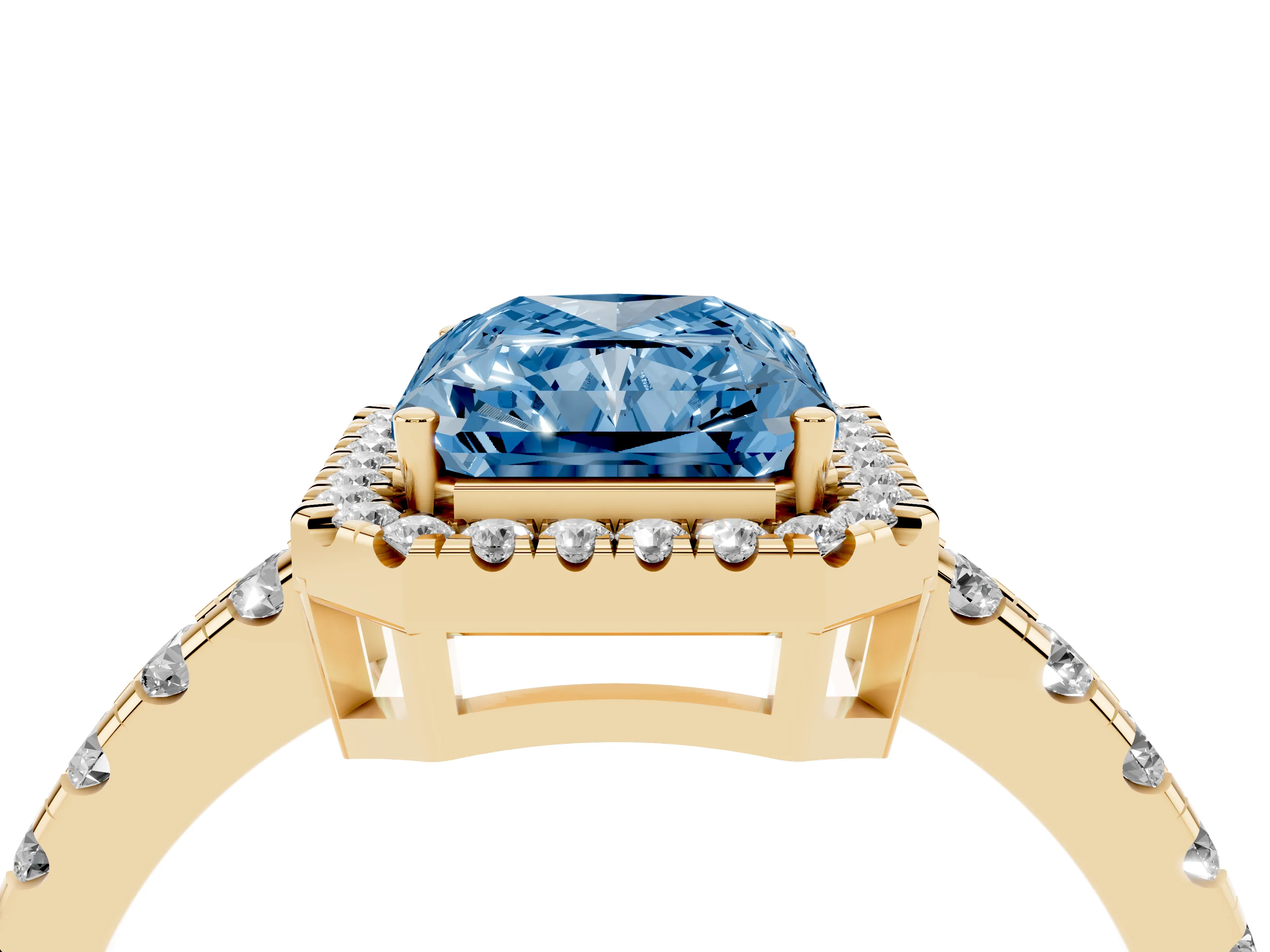 Fancy Blue Radiant Cut Diamond Halo Ring Set in Yellow gold with Delicate Pavé Band and Prong Setting