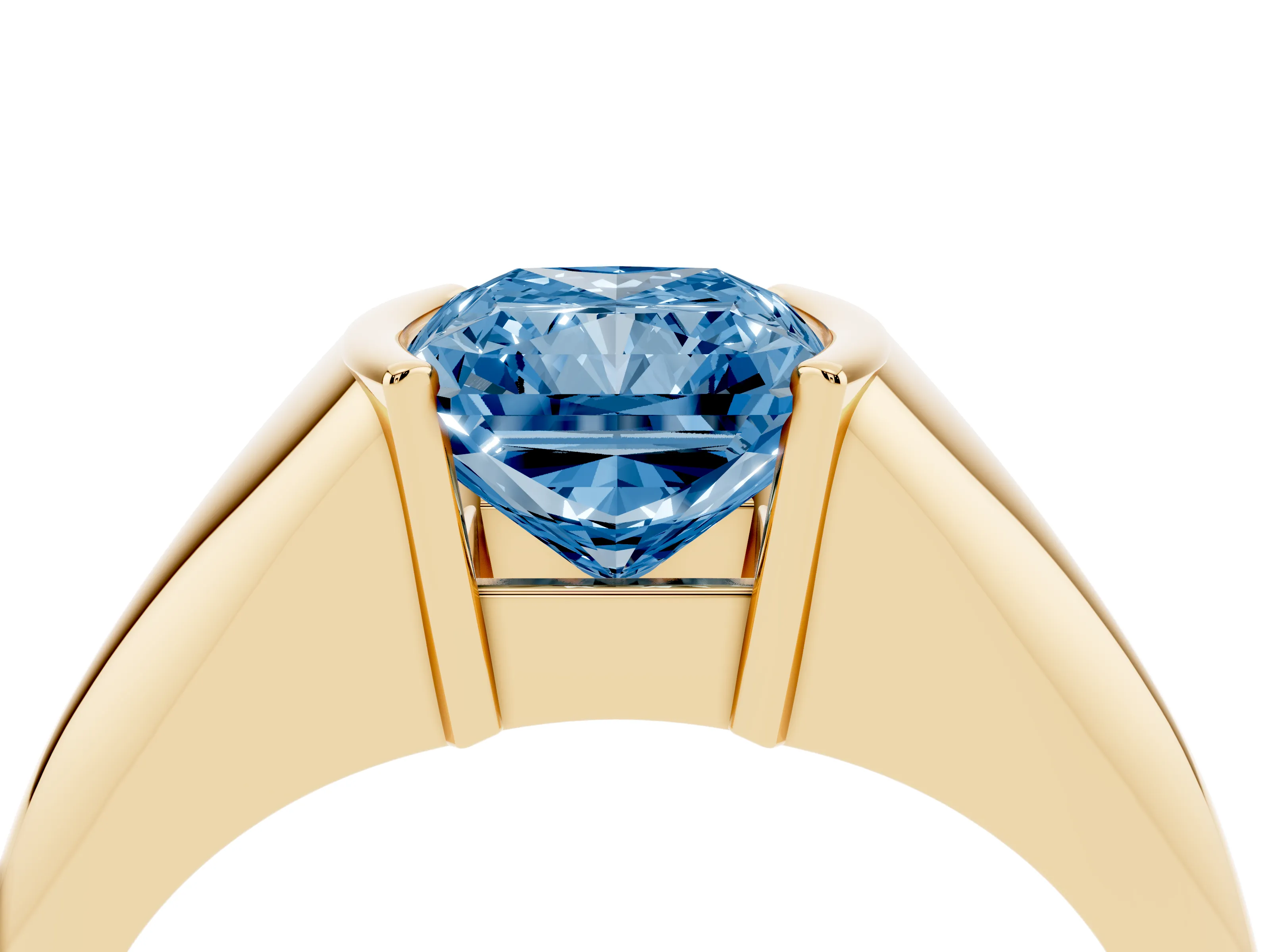 Fancy Blue Radiant Cut Diamond Solitaire Tension Set Ring Set in Yellow gold