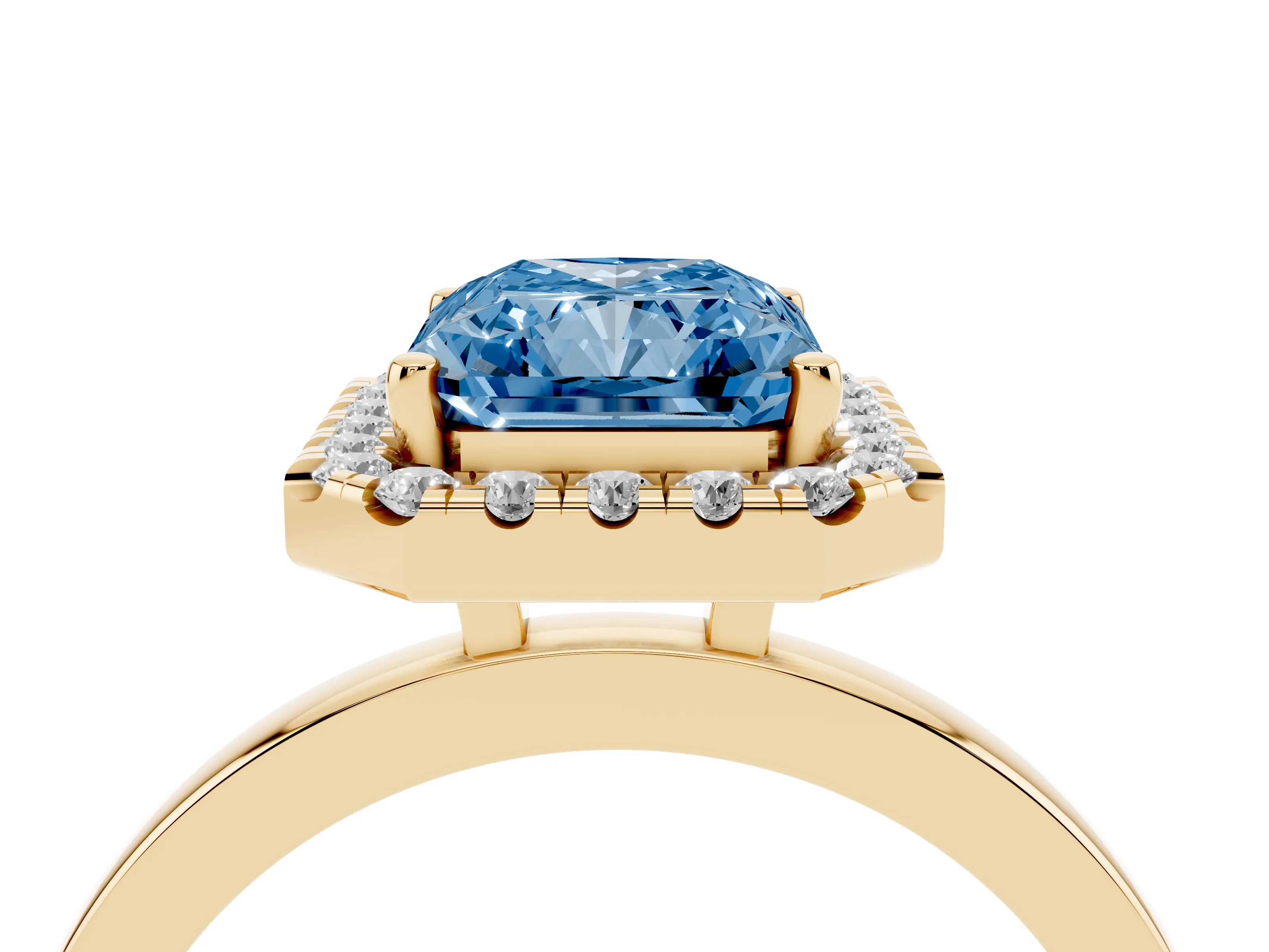 Fancy Blue Radiant Cut Diamond Halo Solitaire Ring Set in Yellow gold with Pavé Band and Prong Setting