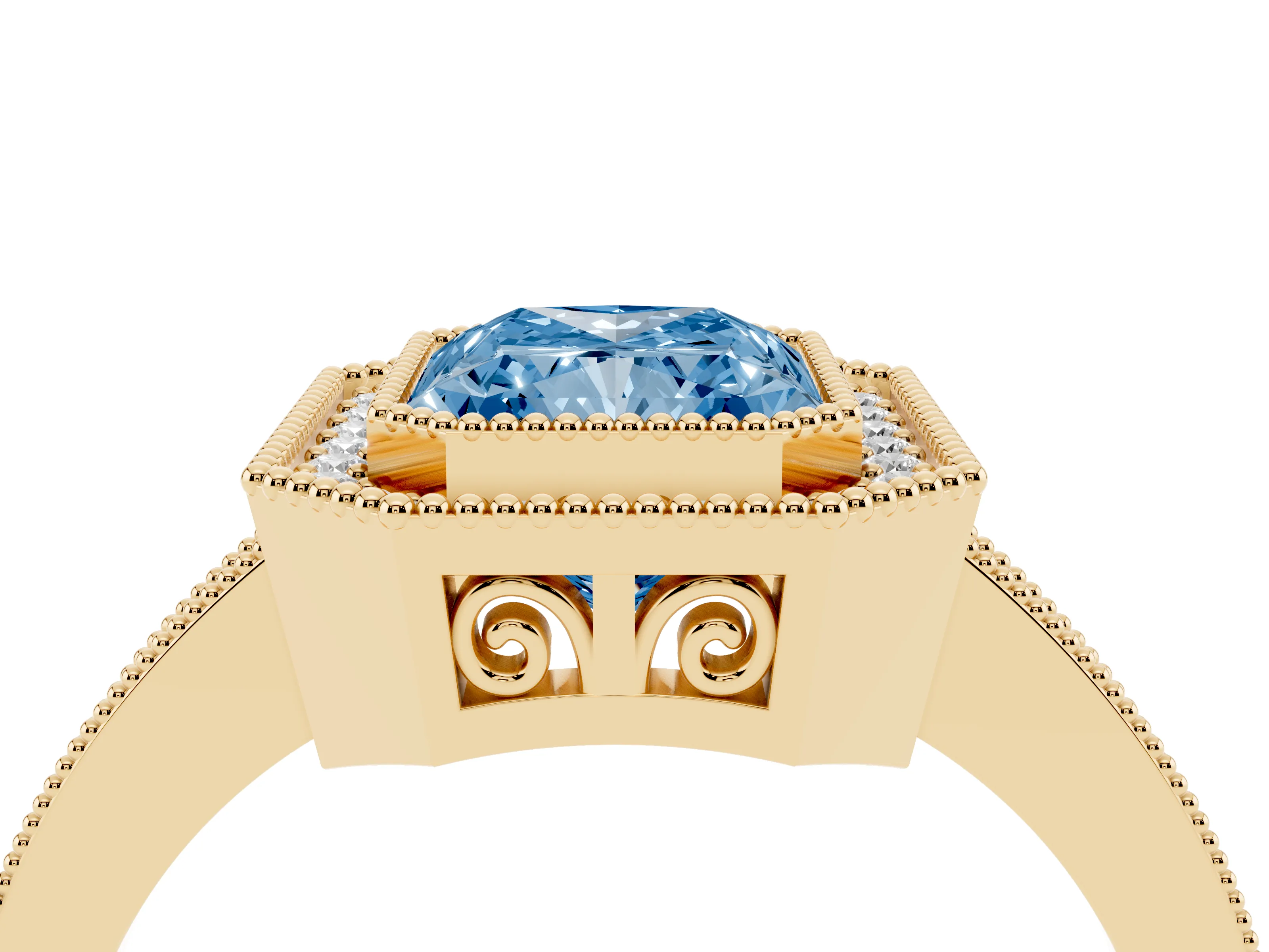 Fancy Blue Radiant Cut Diamond Round Halo Ring Set in Yellow gold with Pavé Band