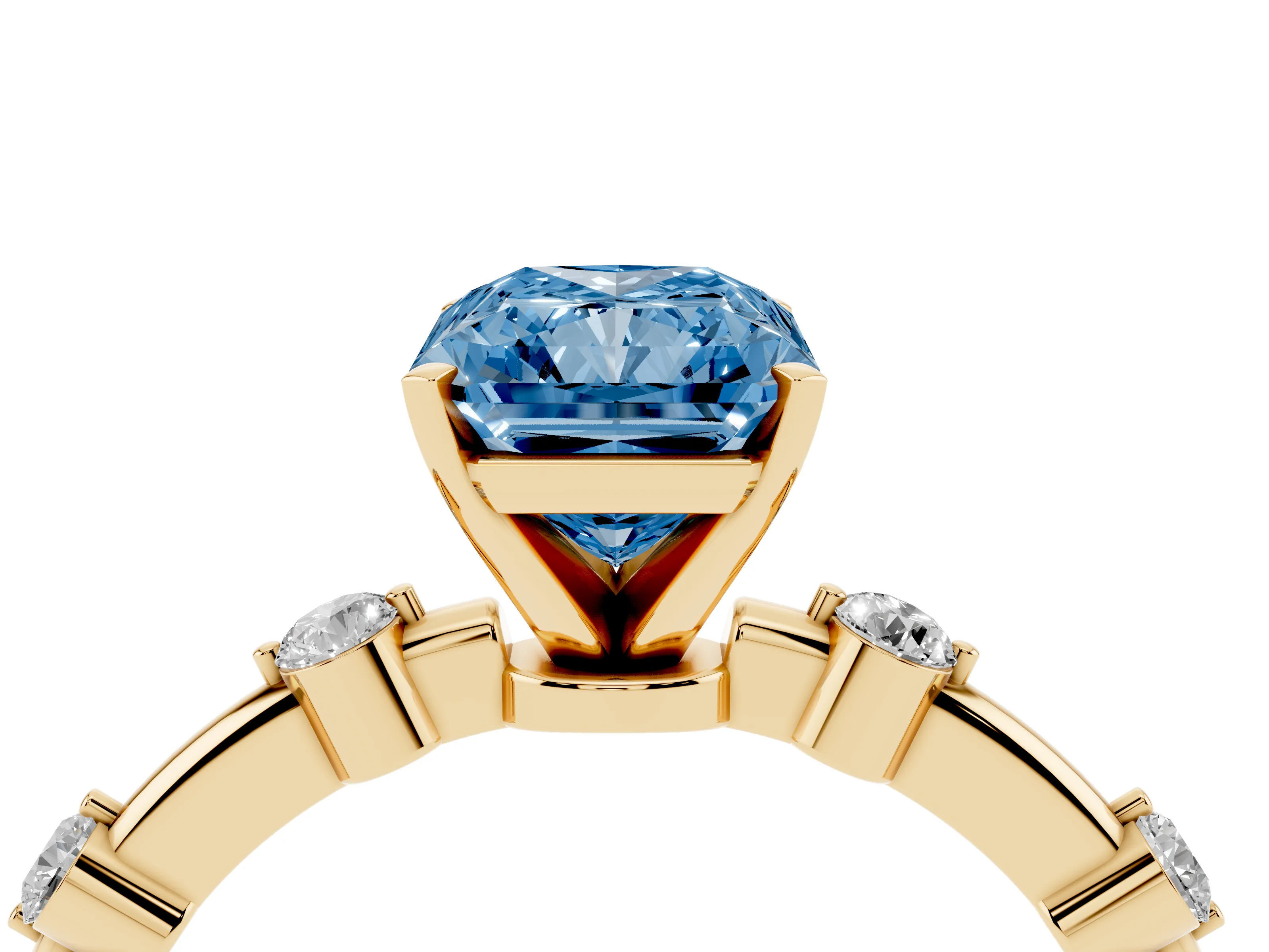 Fancy Blue Radiant Cut Diamond Solitaire Ring Set in Yellow gold with Bezel Set Side Stones and Prong Setting