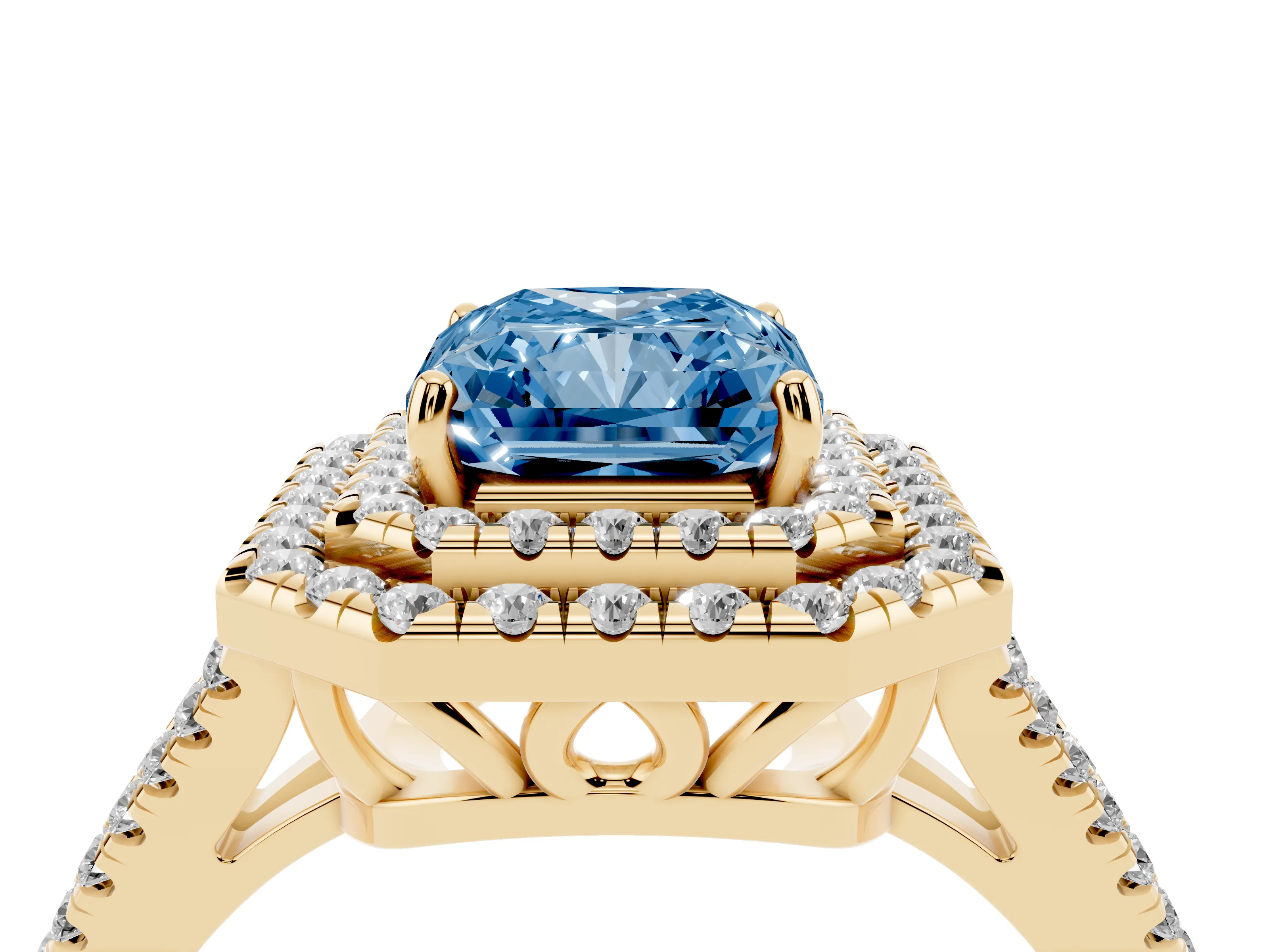 Fancy Blue Radiant Cut Diamond Double Halo Ring Set in Yellow gold with Pavé Band