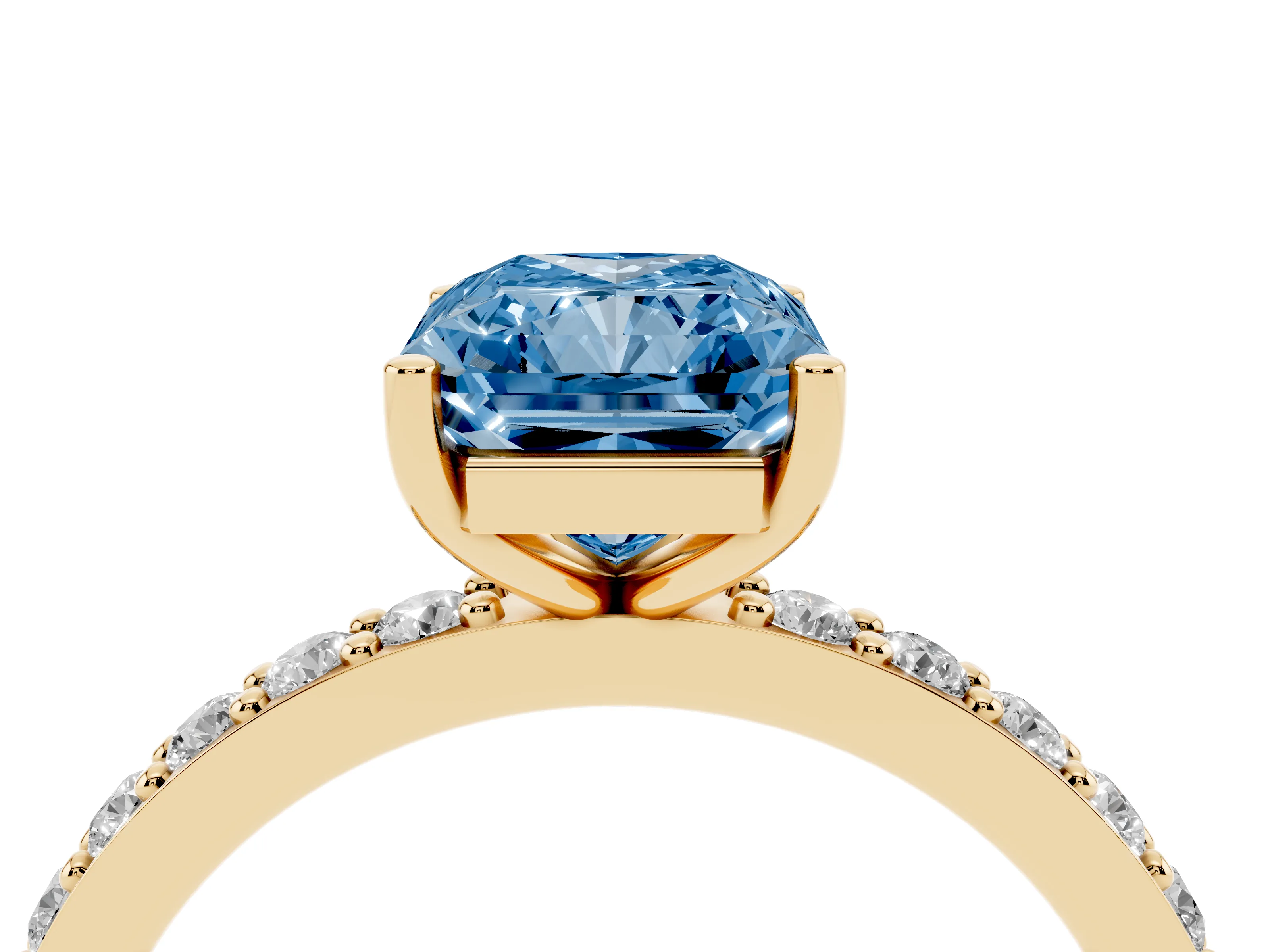 Fancy Blue Radiant Cut Diamond Solitaire Set in Yellow gold with Round Pavé Band and Prong Setting