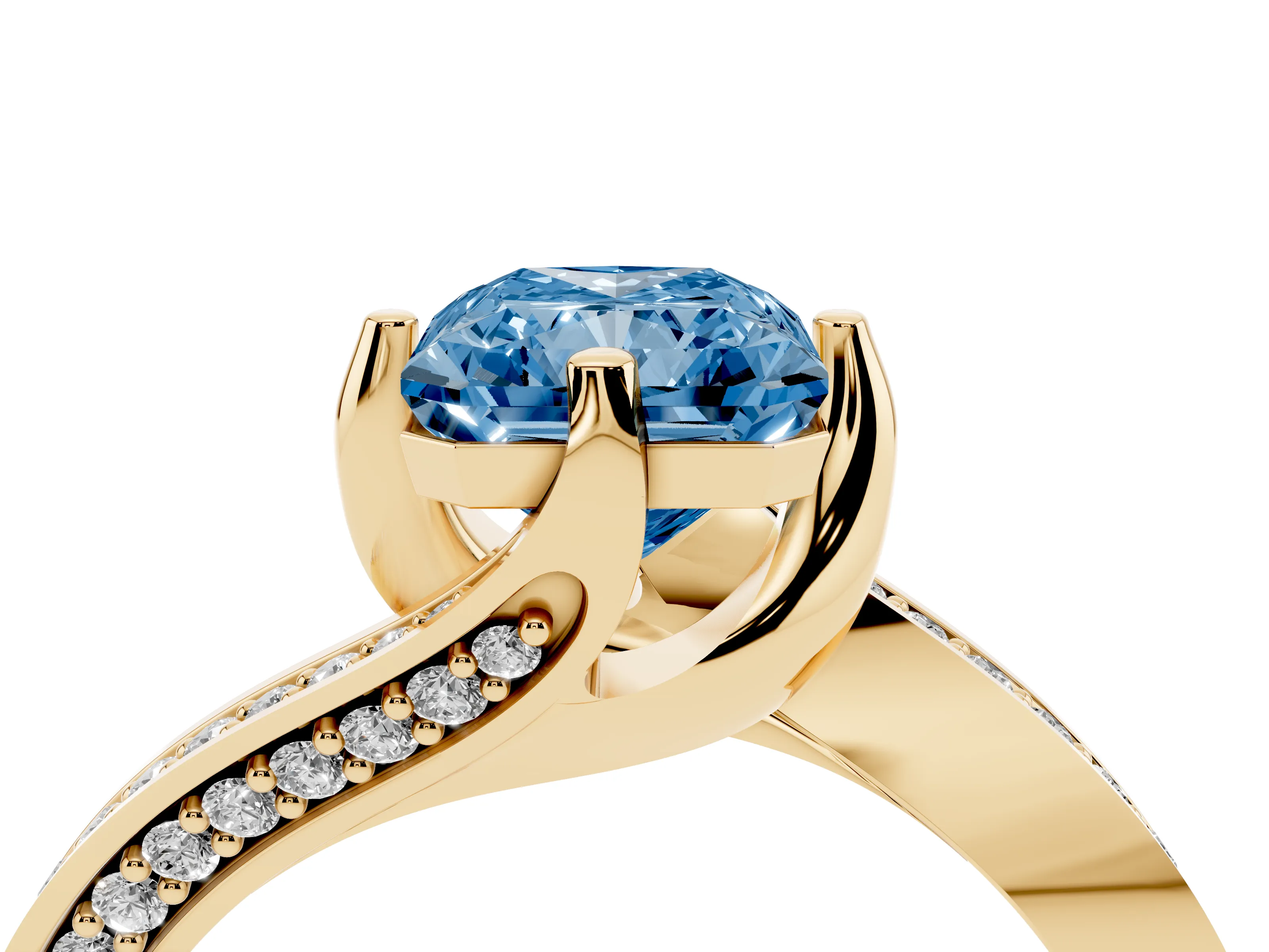 Fancy Blue Radiant Cut Diamond Solitaire Ring Set in Yellow gold with Intertwined Pavé Twist Band