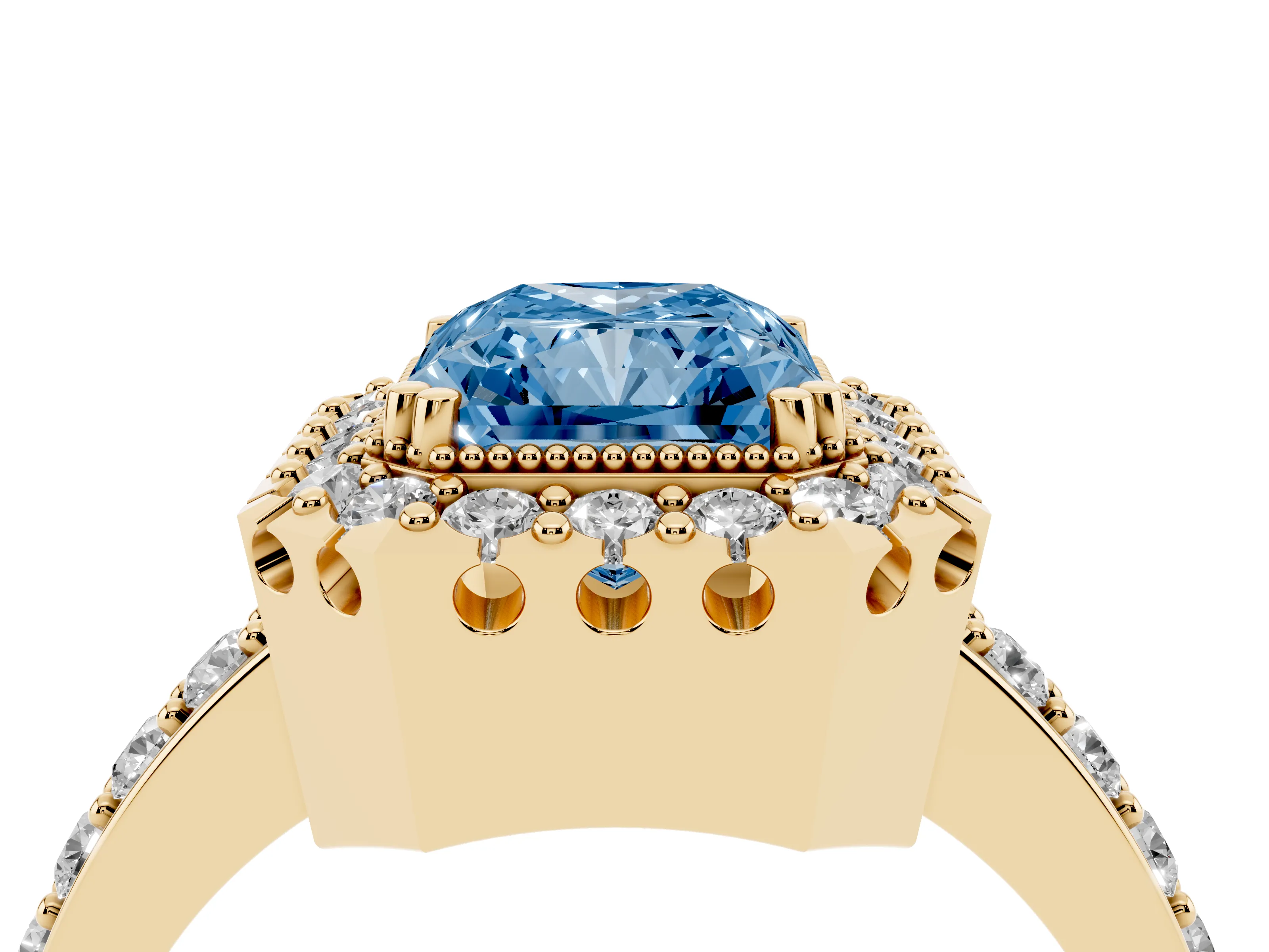 Fancy Blue Radiant Cut Diamond Halo Ring Set in Yellow gold with Pavé Shank and Prong Setting