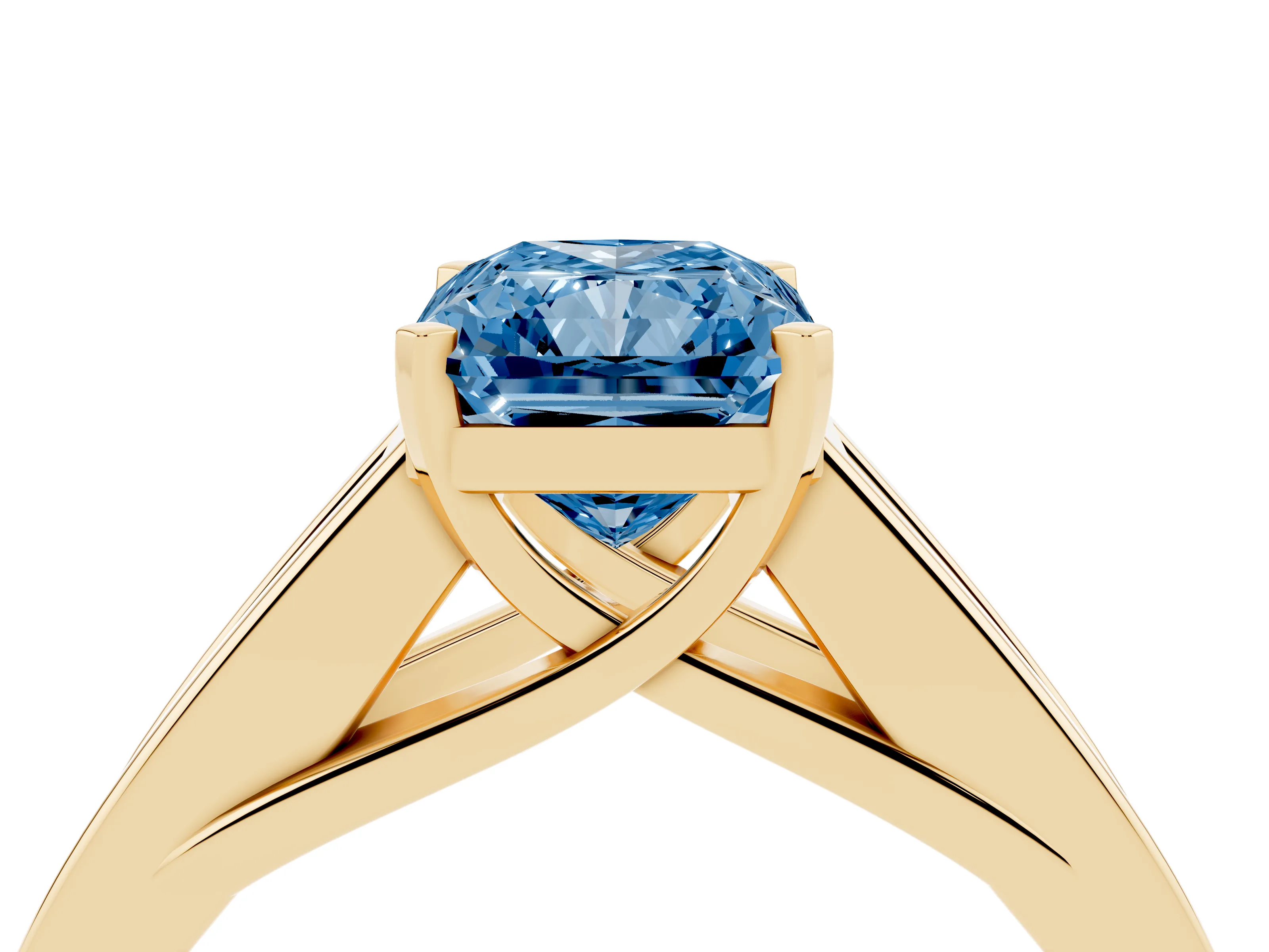 Fancy Blue Radiant Cut Diamond Solitaire Ring Set in Yellow gold with Channel-Set Accent Stones and Prong Setting