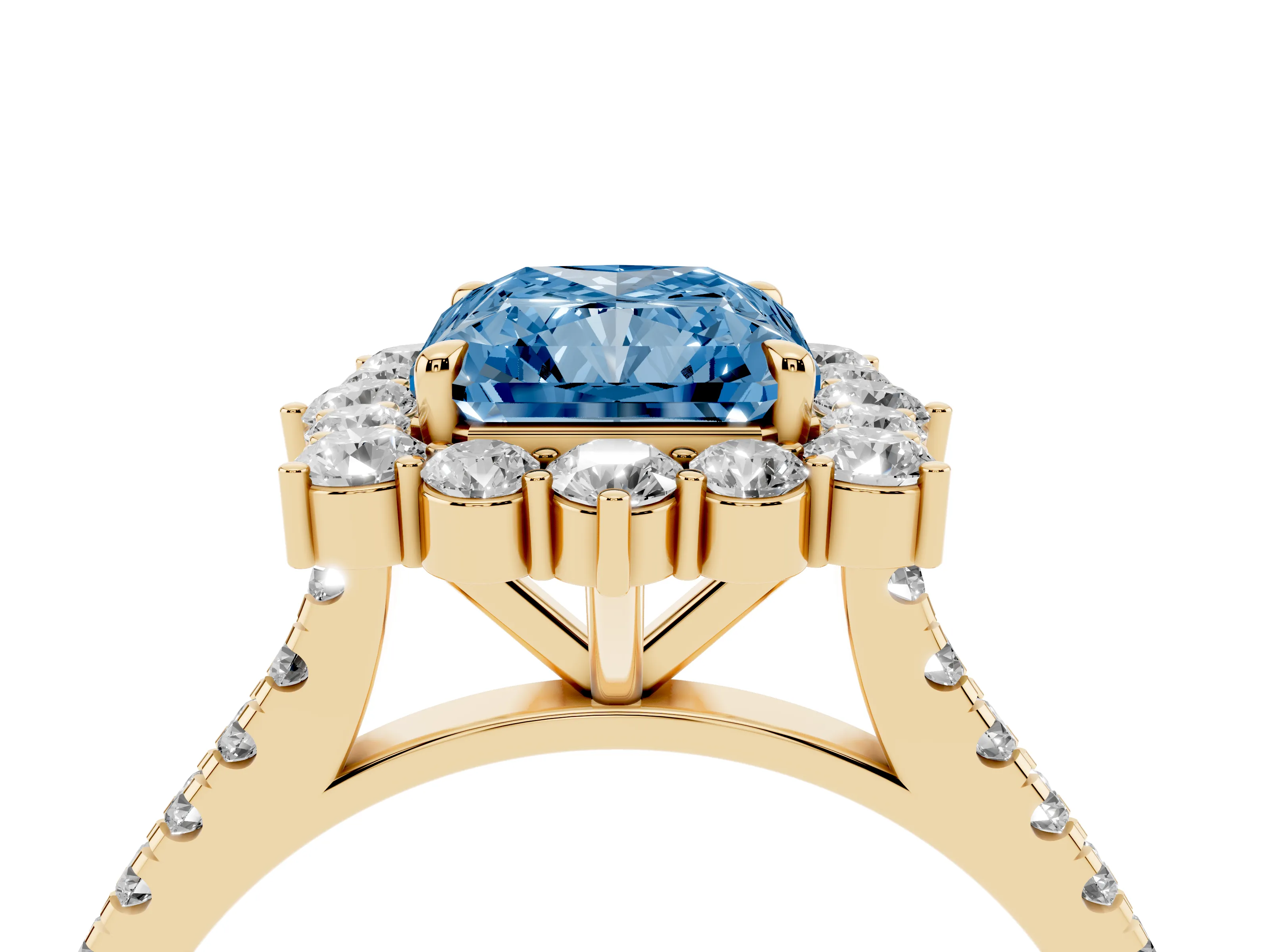 Fancy Blue Radiant Cut Diamond Halo Ring Set in Yellow gold with Pavé Band and Prong Setting
