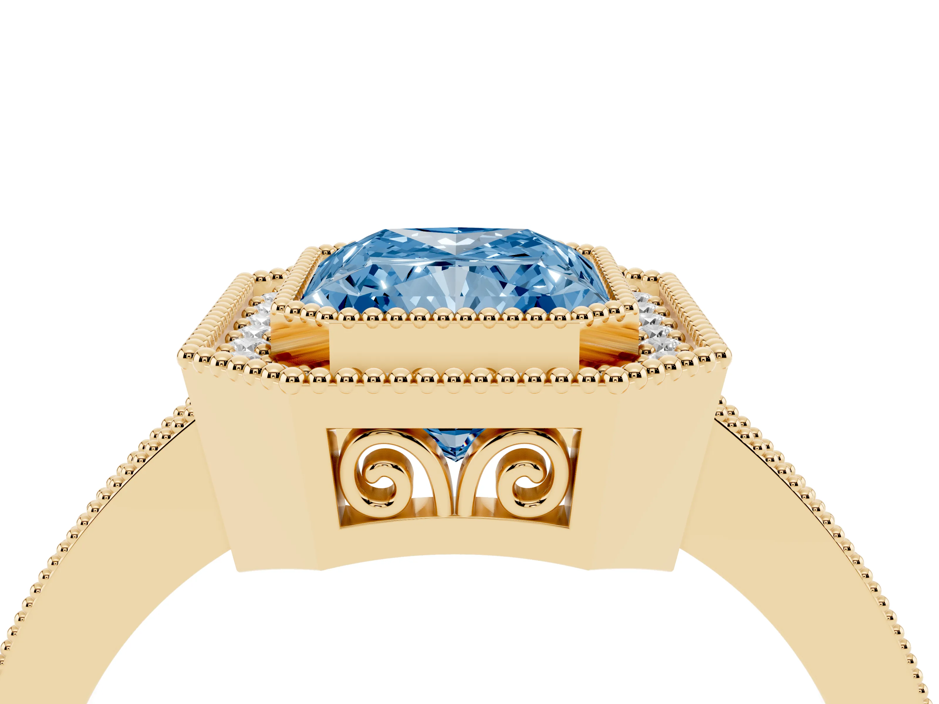 Fancy Blue Radiant Cut Diamond Halo Ring Set in Yellow gold with Pavé Band and Milgrain-Edged Prongs