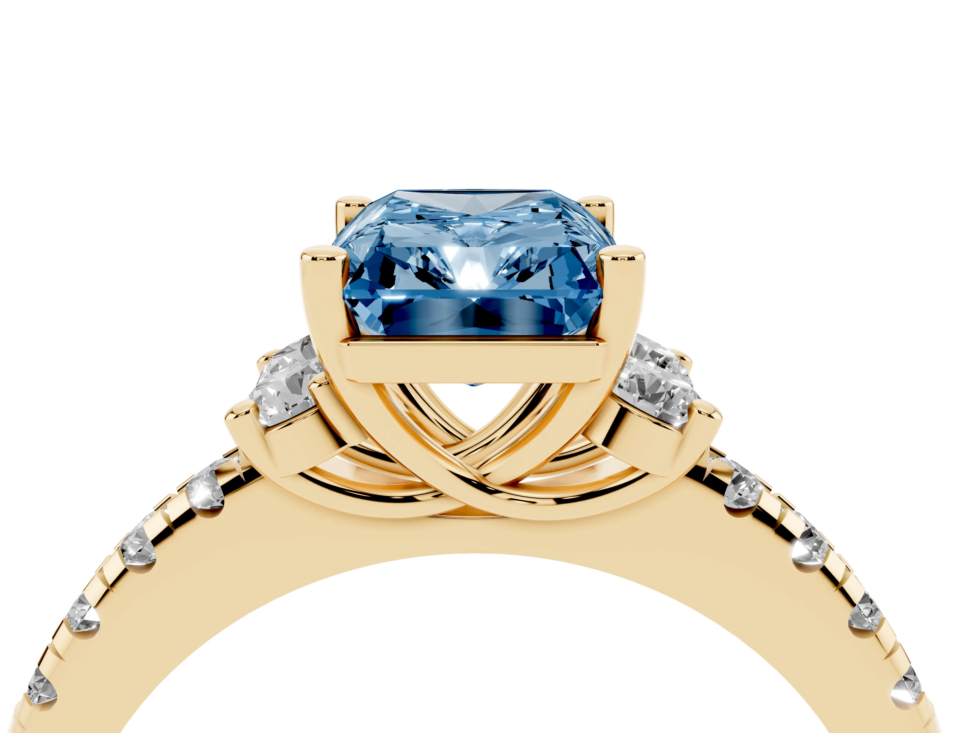 Fancy Blue Radiant Cut Diamond Three-Stone Pavé Ring Set in Yellow gold with Prong Setting