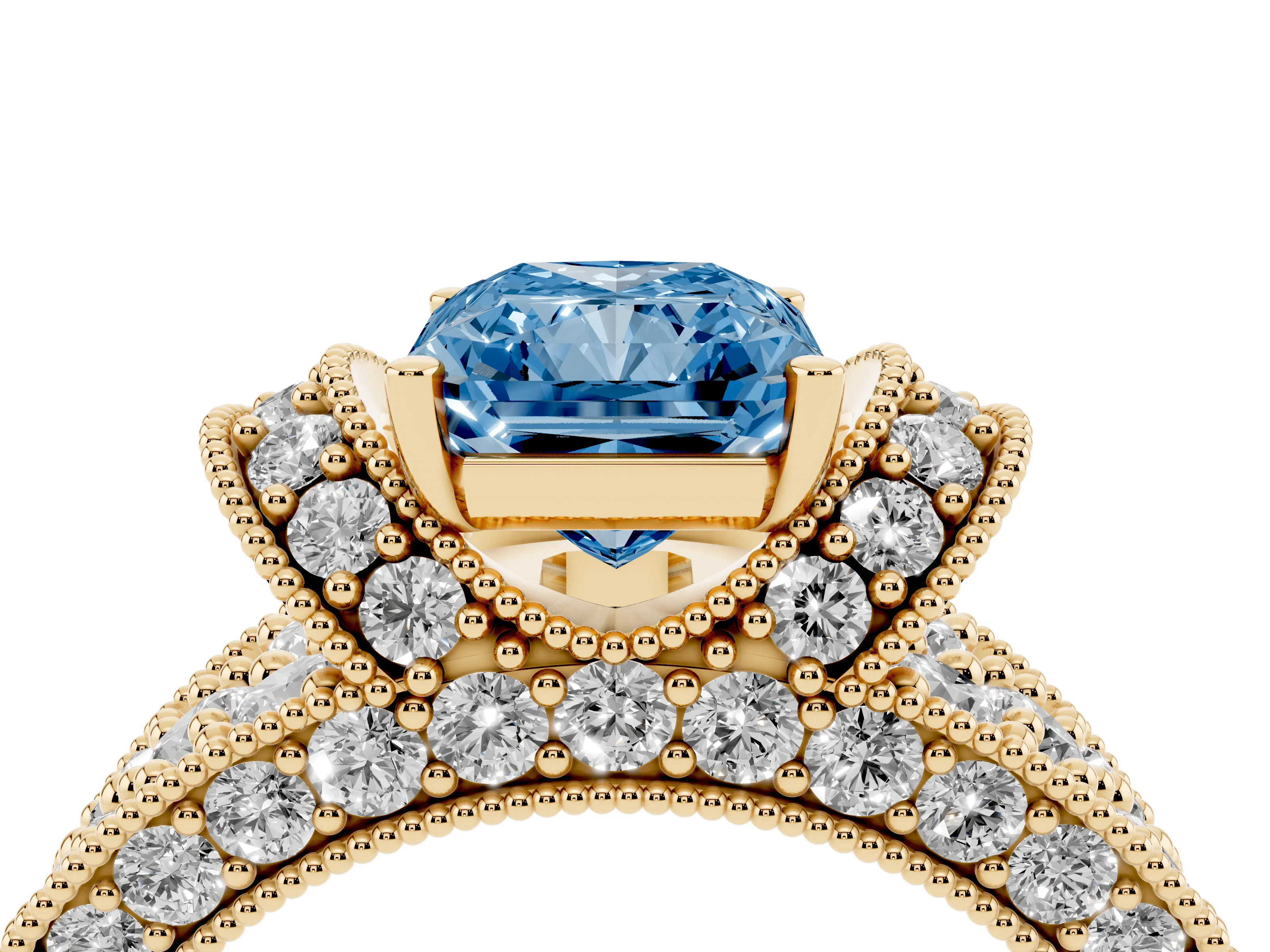 Fancy Blue Radiant Cut Diamond Milgrain Halo Pavé Engagement Ring Set in Yellow gold with Prong Setting