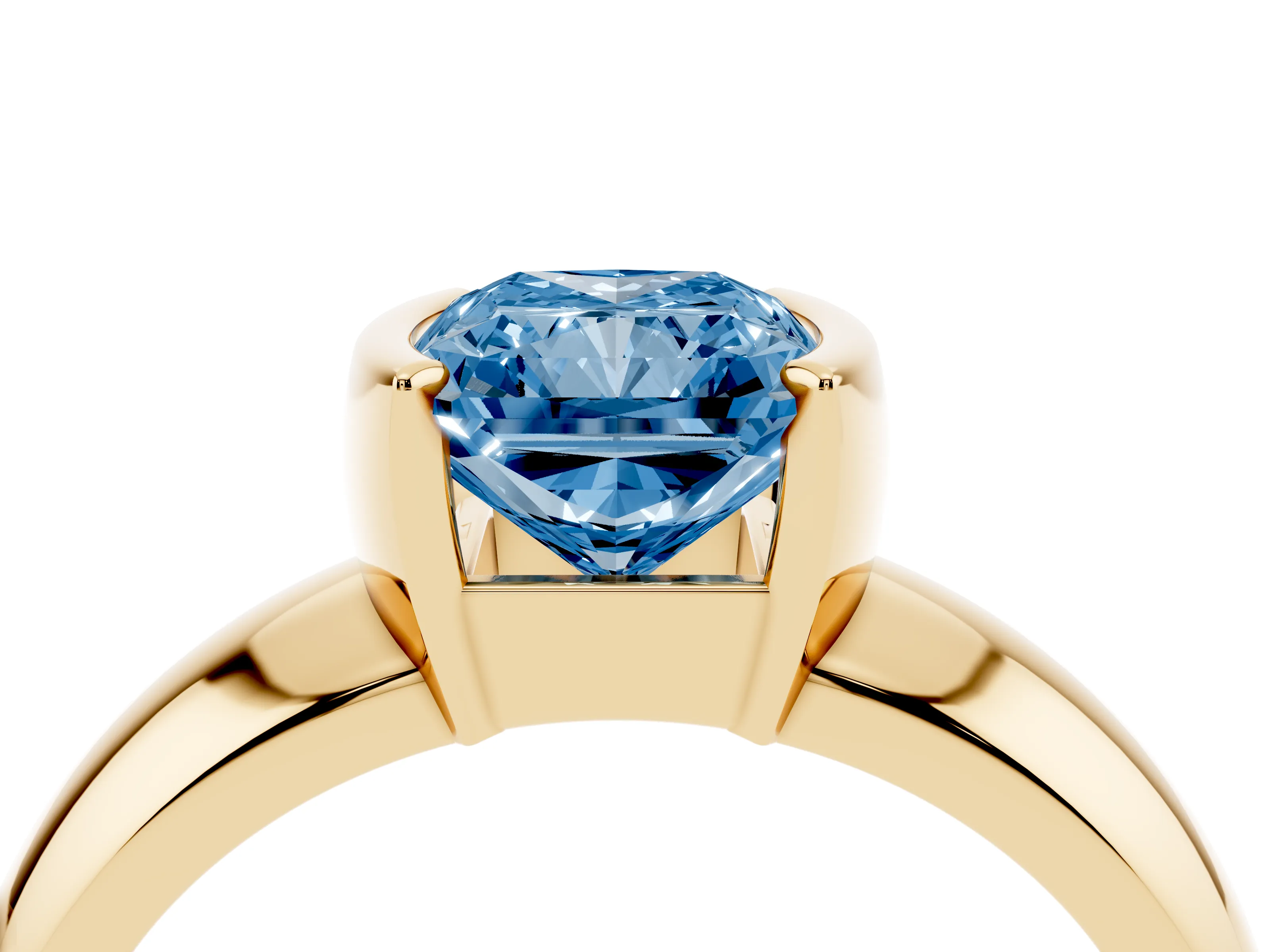 Fancy Blue Radiant Cut Diamond Solitaire Tension Set Ring Set in Yellow gold with Wide Band