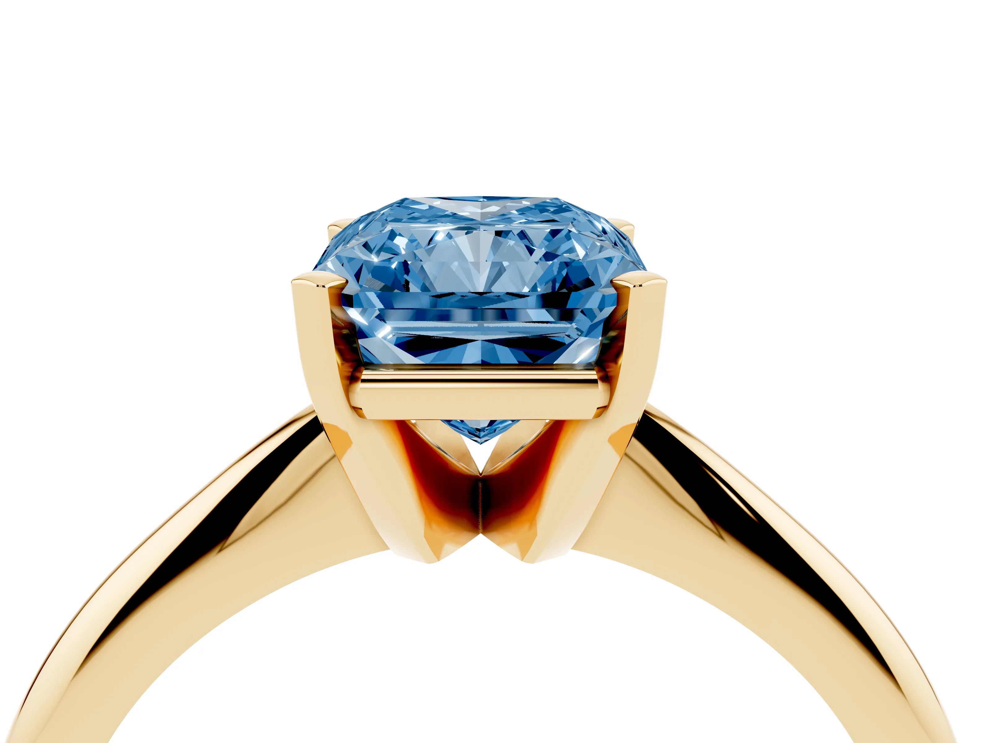 Fancy Blue Radiant Cut Diamond Solitaire Ring Set in Yellow gold with Prong Setting on a Plain Round Band