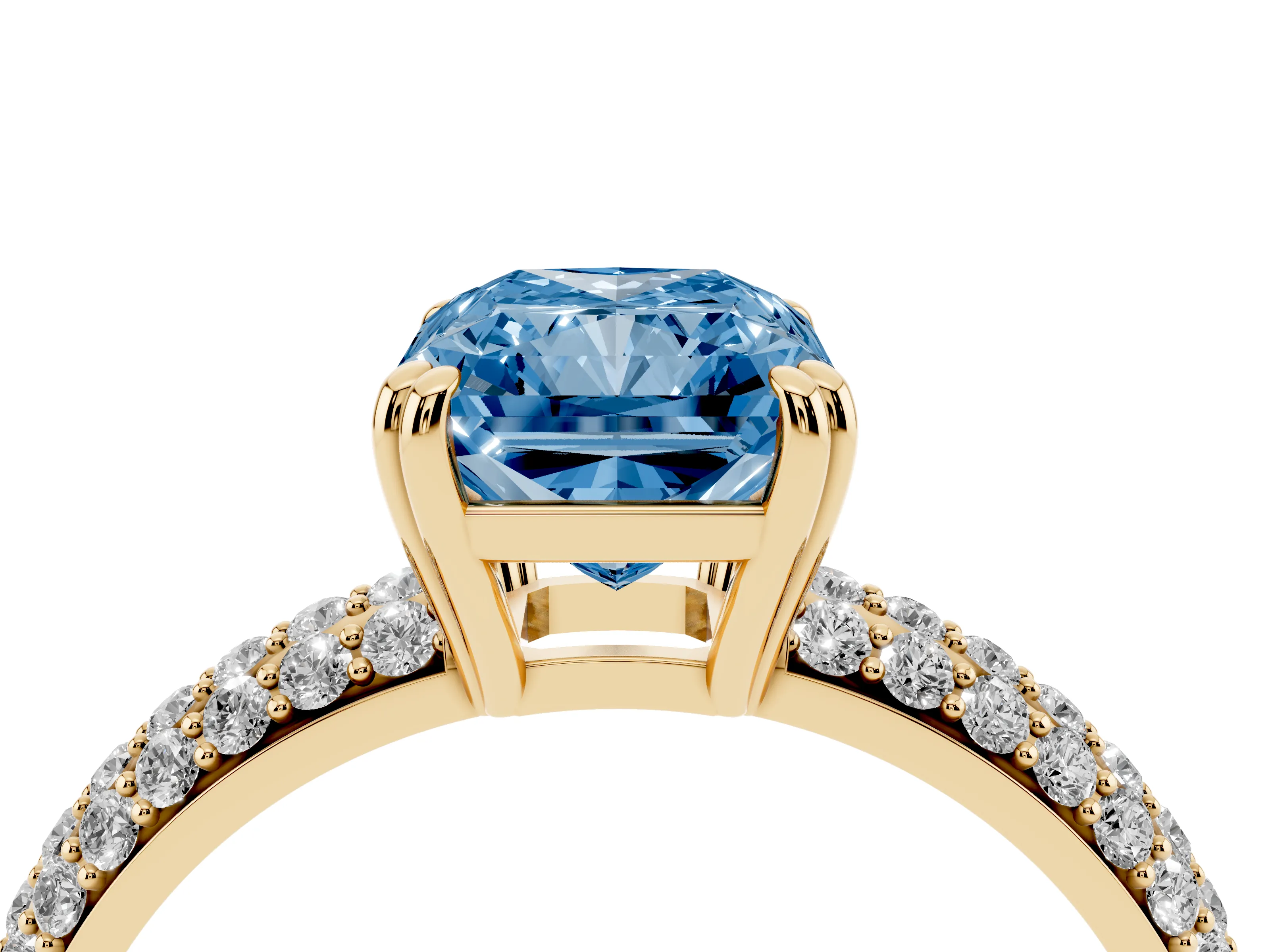 Fancy Blue Radiant Cut Diamond Solitaire Ring Set in Yellow gold with Multi-Row Round Pavé Band and Prong Setting