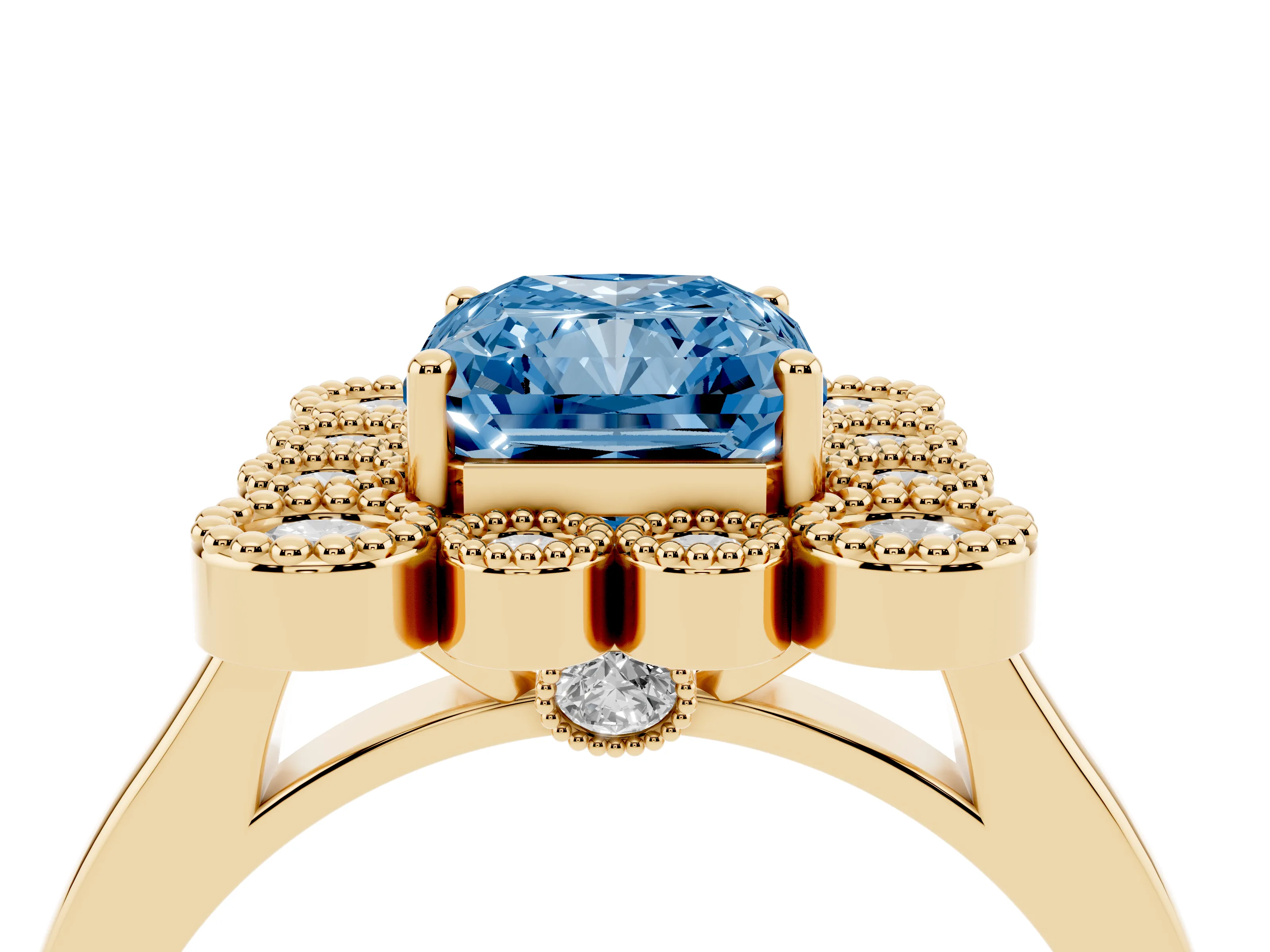 Fancy Blue Radiant Cut Diamond Cluster Halo Ring Set in Yellow gold with Milgrain Bezel Accents and Plain Band