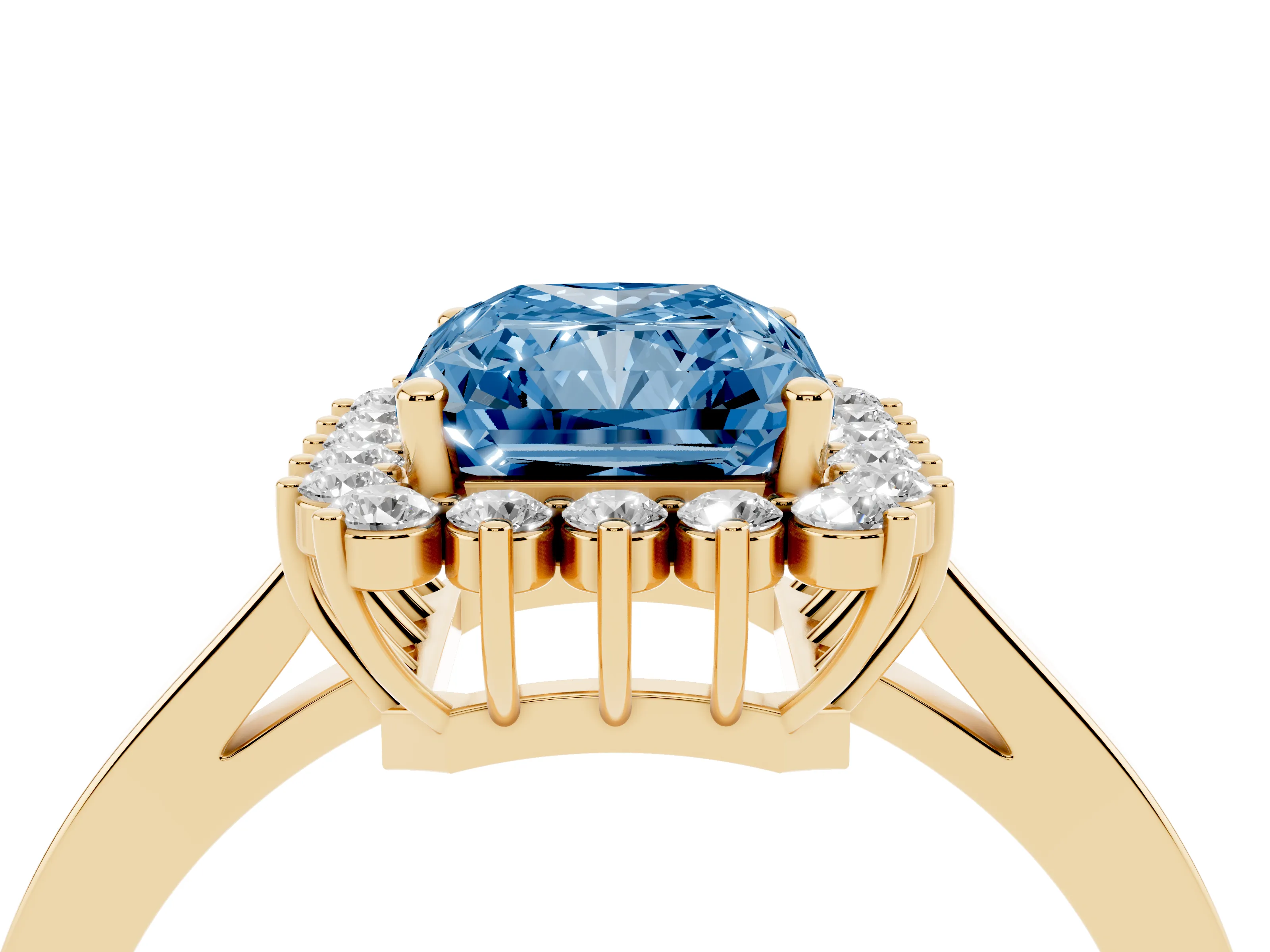 Fancy Blue Radiant Cut Diamond Halo Ring Set in Yellow gold with Round Halo and Smooth Solitaire Band