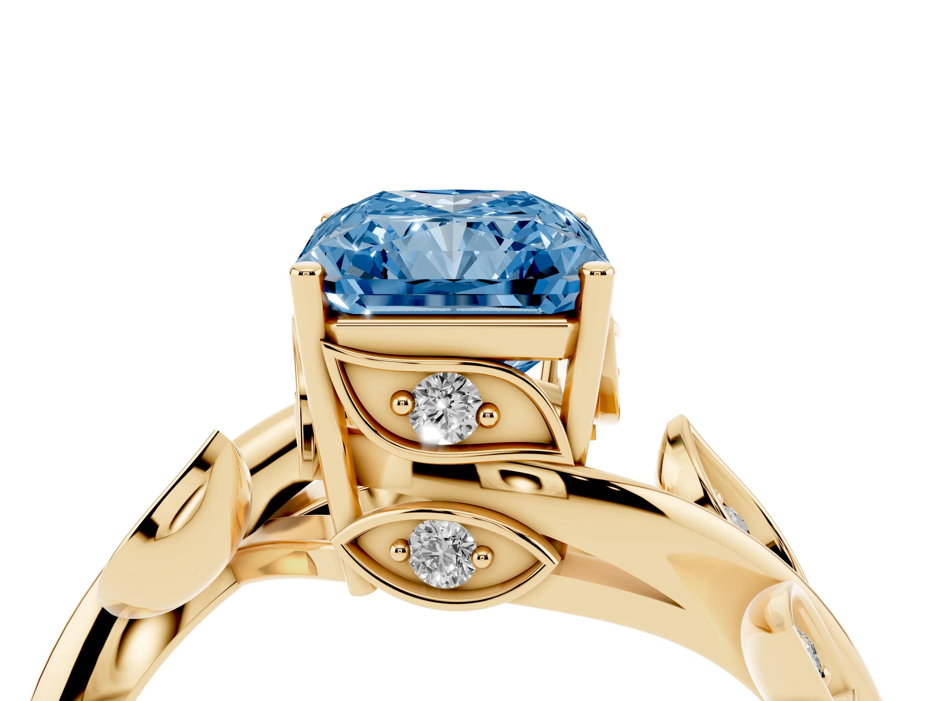 Fancy Blue Radiant Cut Diamond Solitaire Twist Engagement Ring Set in Yellow gold with Pavé Leaf Accents