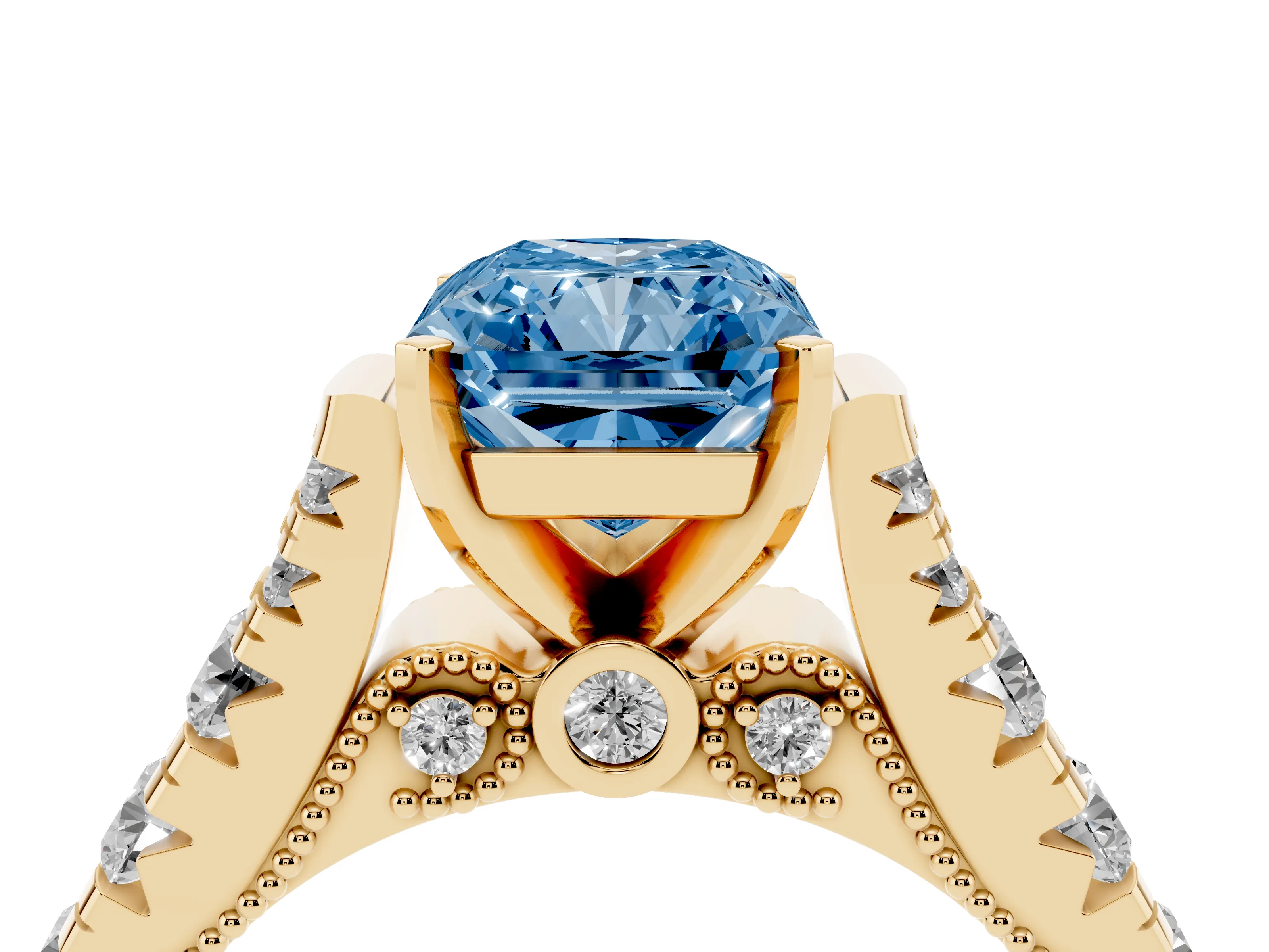 Fancy Blue Radiant Cut Diamond Classic Solitaire Ring Set in Yellow gold with Pavé Band and Prong Setting