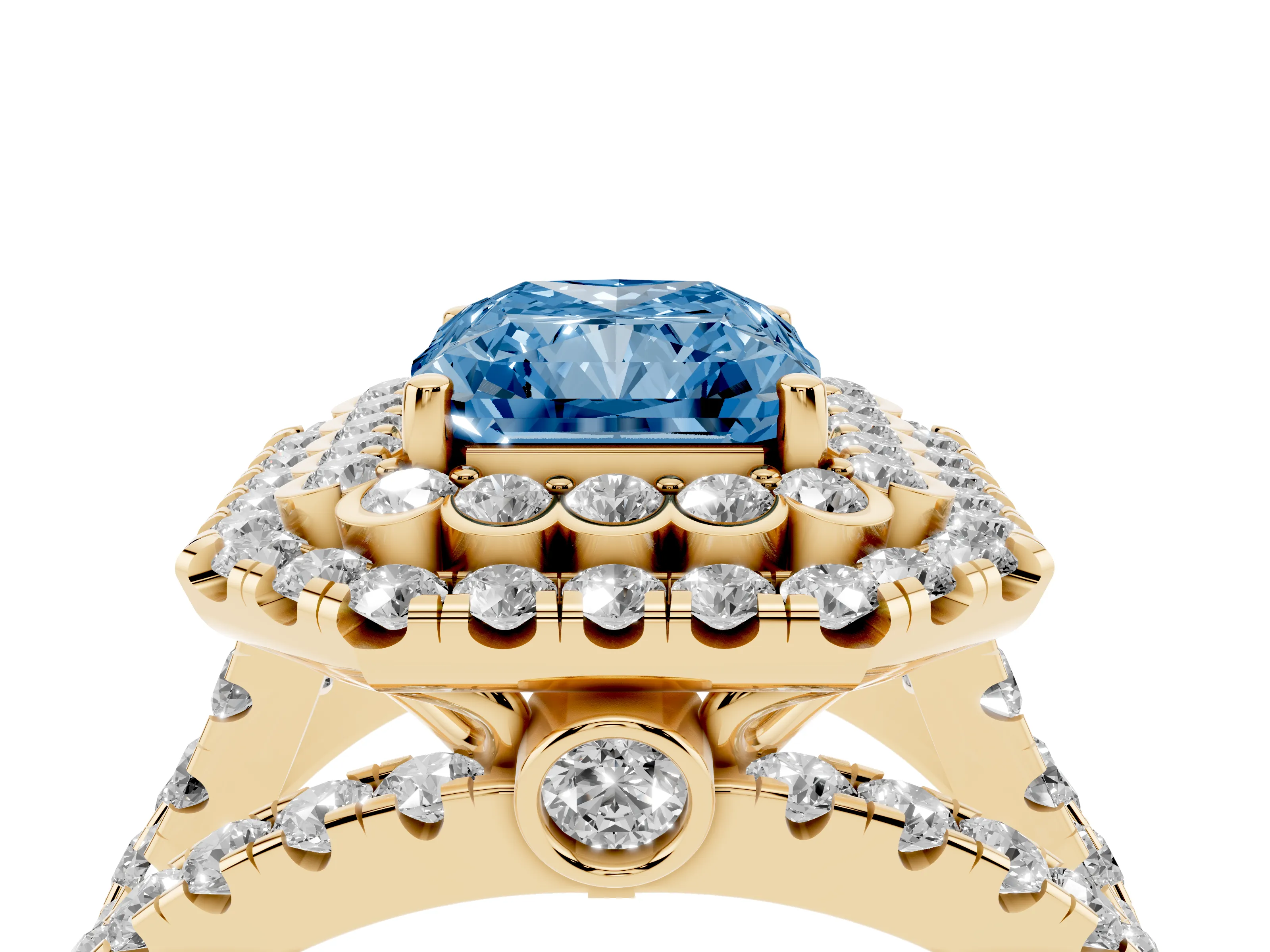 Fancy Blue Radiant Cut Diamond Double Halo Ring Set in Yellow gold with Round Pavé Split Shank