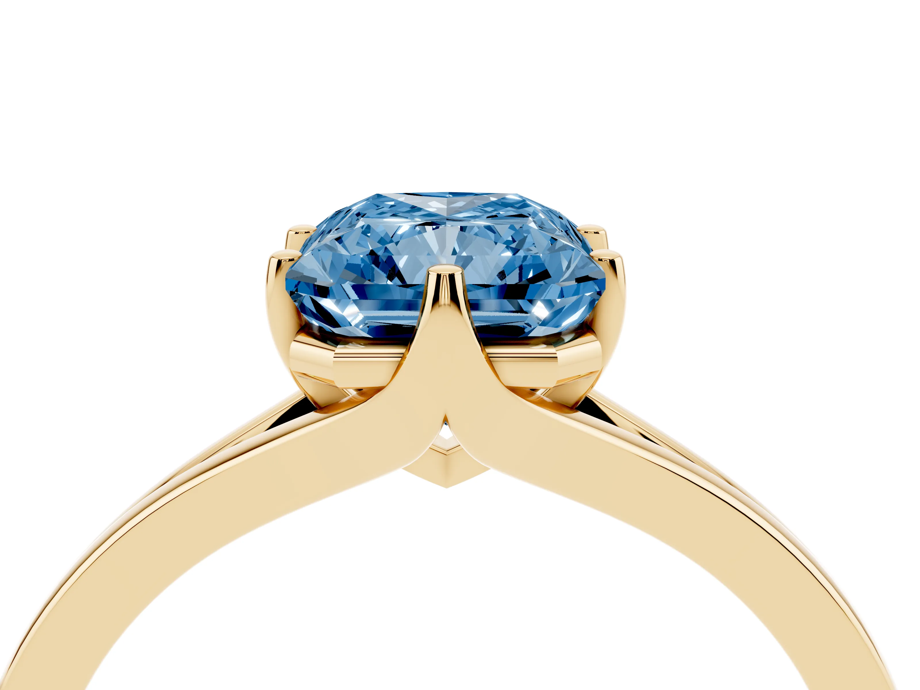 Fancy Blue Radiant Cut Diamond Solitaire Ring Set in Yellow gold with Polished Tapered Band and Prong Setting