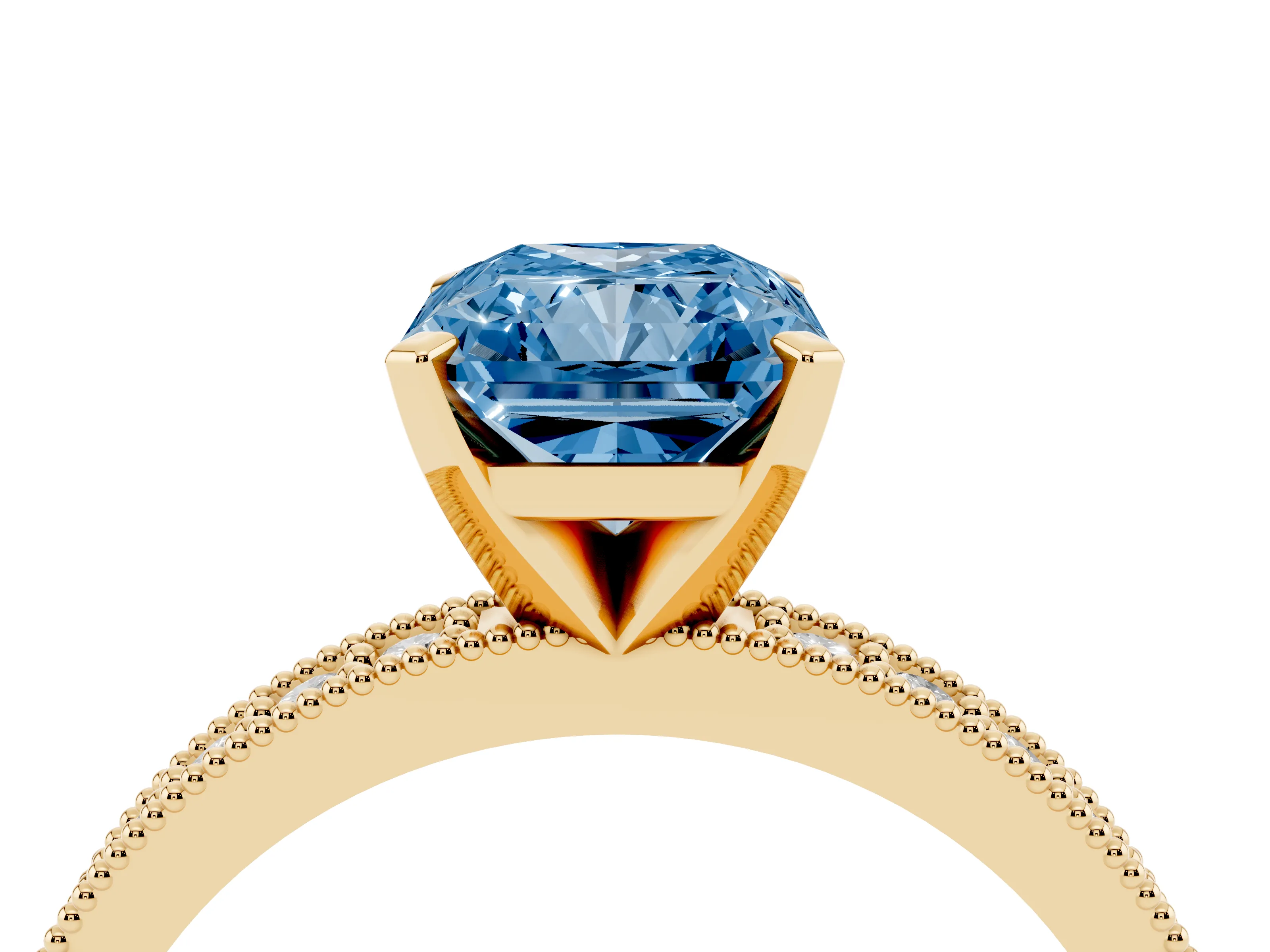 Fancy Blue Radiant Cut Diamond Milgrain Pavé Engagement Ring Set in Yellow gold with Prong Setting