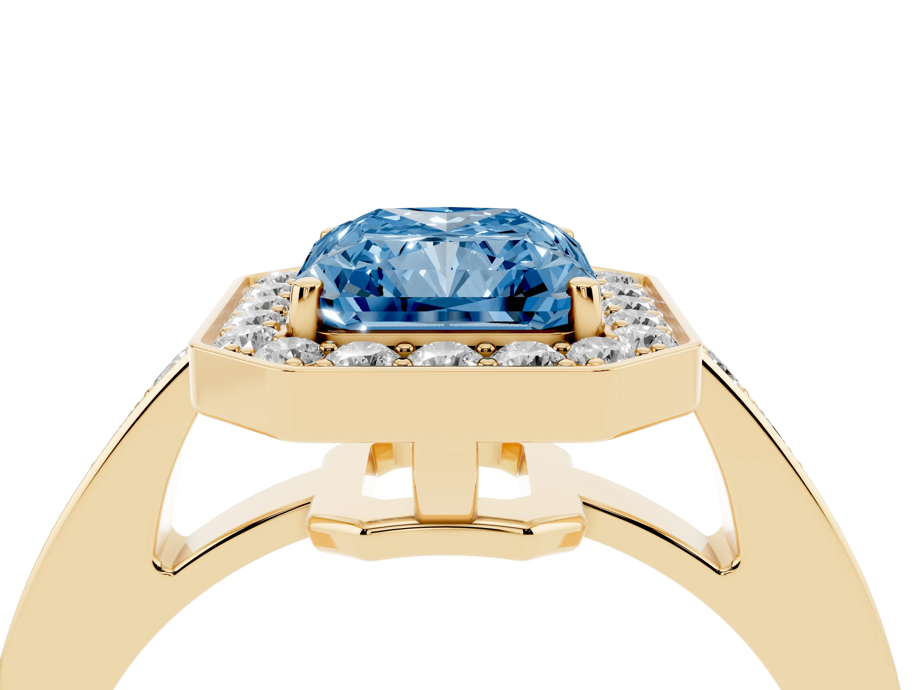 Fancy Blue Radiant Cut Diamond Halo Pavé Engagement Ring Set in Yellow gold with Bezel Setting