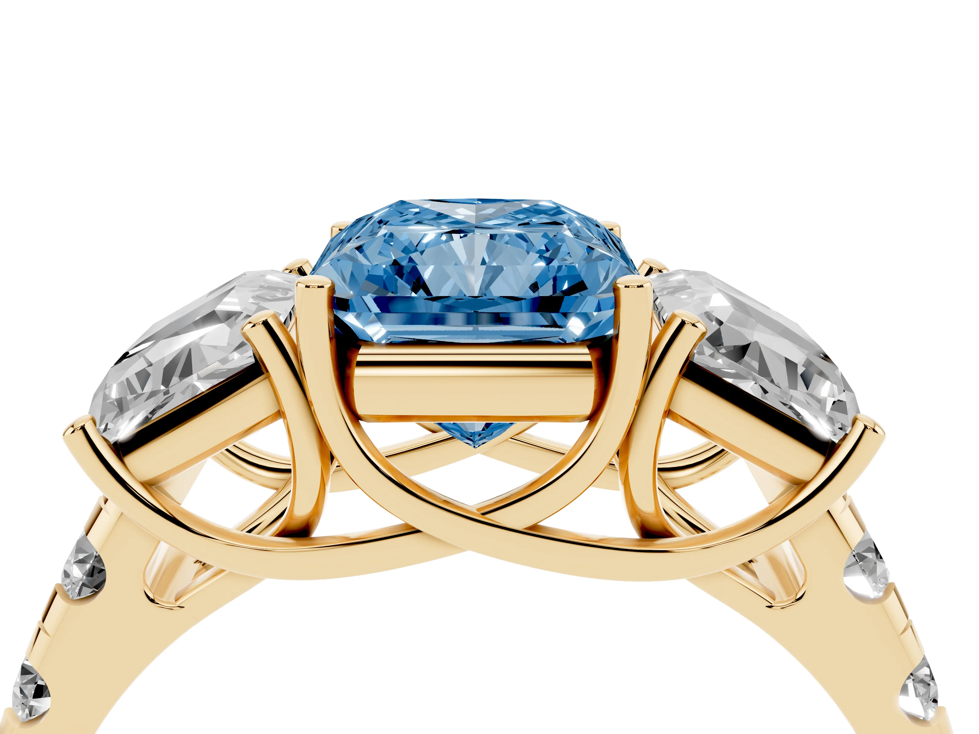Fancy Blue Radiant Cut Diamond Three-Stone Ring Set in Yellow gold with Pavé Band