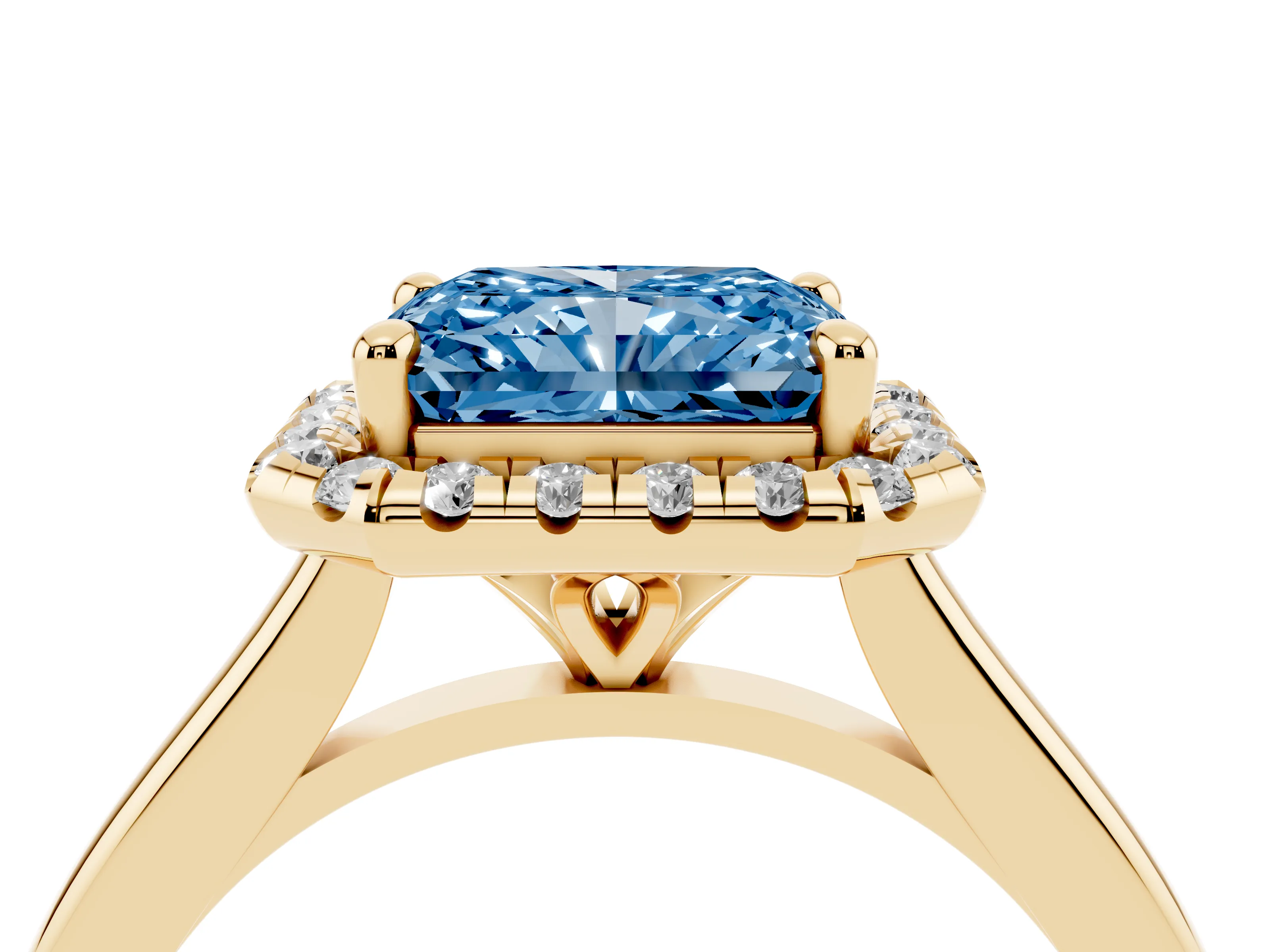 Fancy Blue Radiant Cut Diamond Halo Engagement Ring Set in Yellow gold with Pavé Band and Rising Shoulders